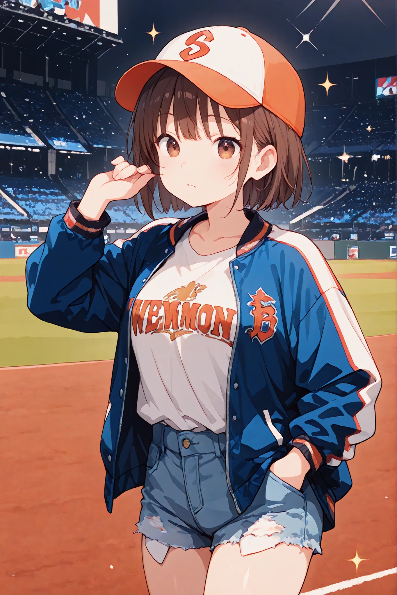 (((Best quality, 8k, Masterpiece: 1.3)), ((best quality)), ((masterpiece)), (detailed), perfect face, detailed face. detailed eyes, ray tracing, sparkle, high resolution, Textured skin, Baseball cap, stadium jacket, white T-shirt, denim short pants, Brown short hair, Baseball fan woman, Baseball stadium, Her left hand was in the pocket of her stadium jacket. Her right hand is pinching the brim of her baseball cap