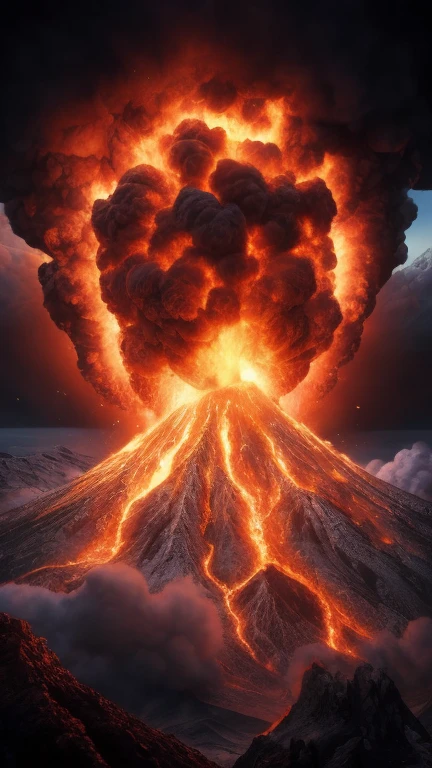 (Best quality,4K,8K,A high resolution,Masterpiece:1.2)。wallpaper hd,The power of nature。 (a volcano erupts: 1.37),(Undersea volcanic eruption), (Close-up of volcanic island:volcano exploding,Lava eruption,Smoke rises into the air,Ominous clouds,Red volcanic magma flowing in the fissure,Liquid magma,A large amount of liquid magma),Undersea volcanic eruption) A wisp of hot magma, Scorched black rock, (Sky volcanic ash), Sea, (rolling waves: 1.0), Fire red sky, disrupt,