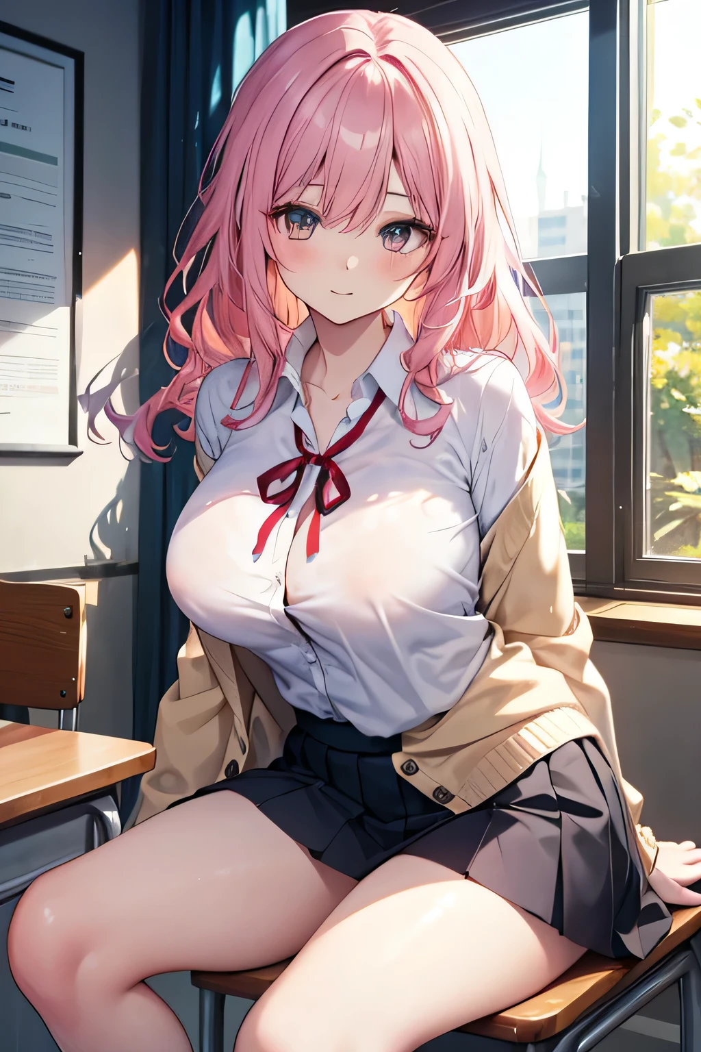 (masterpiece:1.2, best quality), 1lady, solo,classroom,day,Pink hair, beautiful pink eyes, voluptuous body,mini skirt, oily skin (open breasts:1.1),(masterpiece:1.2, best quality)