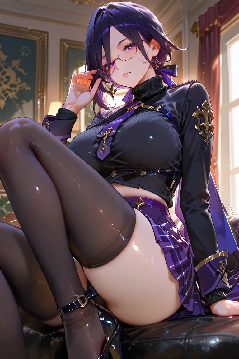 Dark blue high socks　Magic Mix Real、(RAW Photos:1.2)、(Realistic:1.4)、The beauty of beautiful details,Big ,((I can see your pants))(Panot)Earrings,eyelash,Beautiful and detailed、Large file size、Very detailed、High resolution、Transcendental beauty,Highest quality,masterpiece,,((Big Breadetailed表現, In detail、Very detailed顔,Cinema Lighting,8 heads,,positive,((Dynamic pose)))、(Lean back:1.2), ((Open Stance))、(From below:1.5), (Under the skirt:1.5), Check Pleated Skirt、Sexy upward glance,pread your legs to show your underwear:1.5), (黒いSee-through panties:1.5), (Low ris (Long purple hair:1.5), (Healthy Body:1.5), (High leg tiny panties,,,,,,:1.5), ( See-thrnties:1.3), (Pubic hair is visible(Browsing Caution:1.5), (Shyness:1.5), (Black long boots:1.5)(I feel ecstasy:1.5)(Orgasm:1.8)(((Big Breasts:1.7)through underou can see thehe side,Underbust,I can see your beautiful breasts,(Torn Costume:1.7)