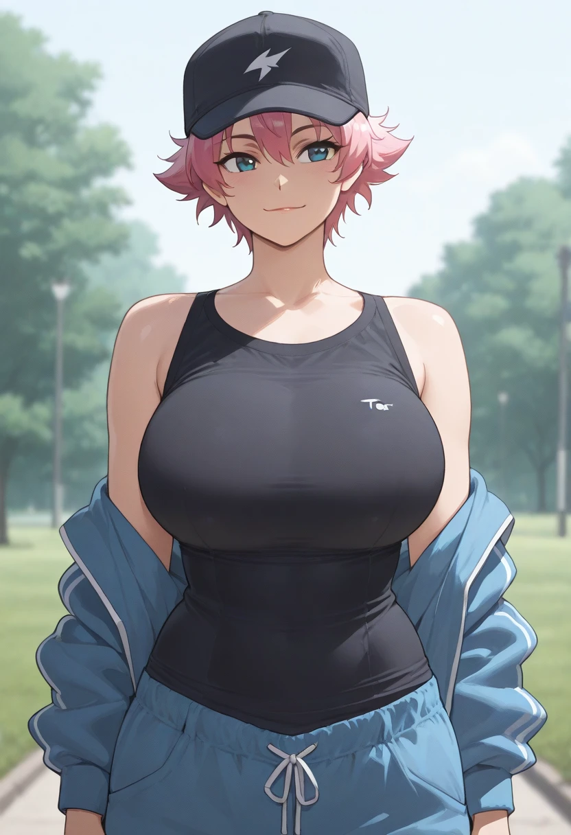 A pink haired woman with violet eyes with an hourglass figure in a tight tank top and short shorts is blushing in the backyard