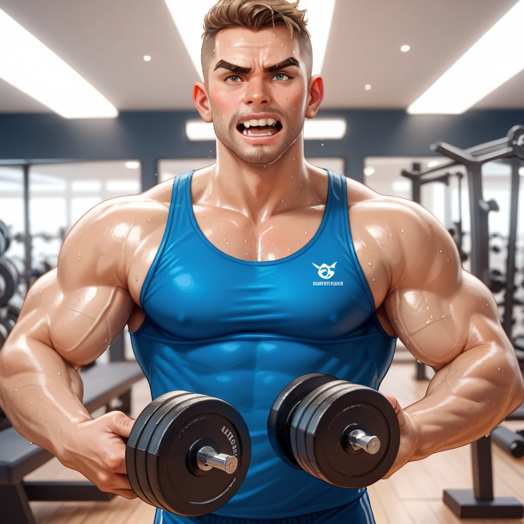 NSFW , masterpiece, best quality, detailed face, natural eyes, 1man,, muscled and mature MAN ,handsome hunk stephen amell as an athlete TOTALLY NAKED SHOWING HIS HARD COCK AN BALLS , sweating,, in a gym, doing dumbbells