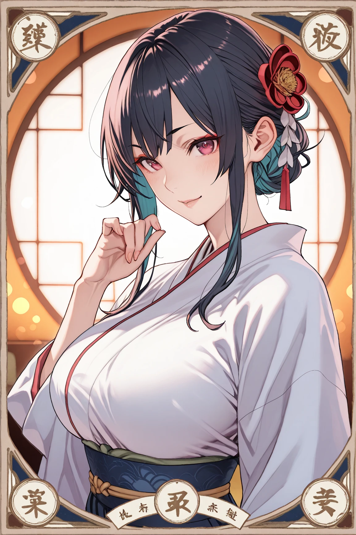 (((beautiful))), (((kimono, Cherry blossom pattern))), ((Black Hair, parted bangs, forehead, ponytail, hair ornaments, Chubby)), One Woman, Large Breasts, Huge Saggy Tits, Cleavage, Glowing Skin, Sweat, (((Intricate details))), High resolution, ((Intricate details, Ultra-detailed)), Are standing, from front, wide shot, (looking at viewer, look at viewer), Red cheeks, smile, night,
