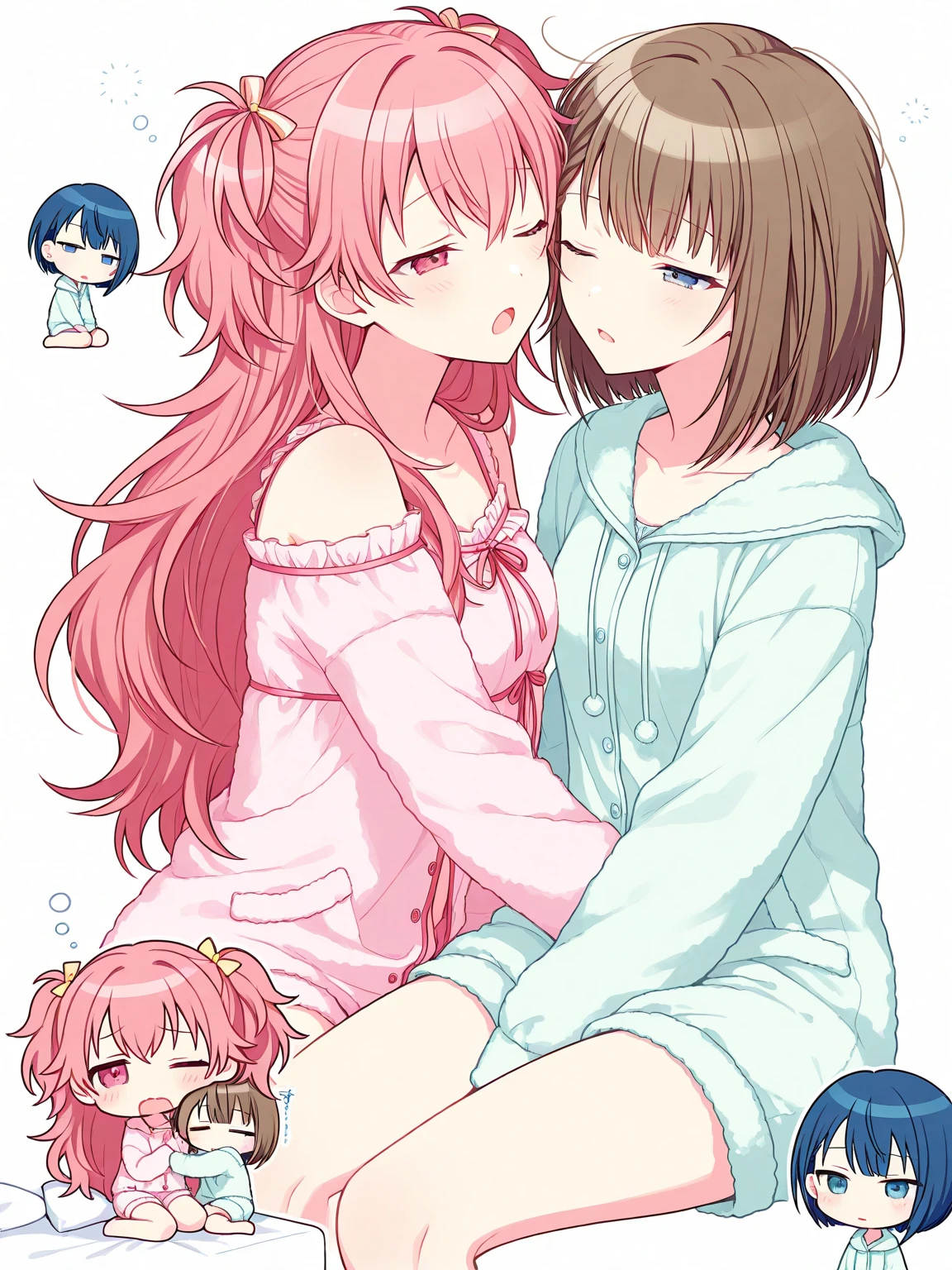 (Highest quality), (masterpiece), highly detailed, highly detailed face, highly detailed body, 2girls, side by side, Nino, with dark pink hair and short straight hair, wearing a navy blue school swimsuit, is sleeping unaware with semen dripping from her exposed vagina, and next to her is Ichika, with pink hair and very short hair, wearing a navy blue school swimsuit, lying on her back on the bed with me, a guy, having sex in the missionary position and being thrusted violently, sleeping unaware., Two whole bodies, Ichika has a full head of pubic hair, Beautiful Vagina, White semen is spilling out from the gap between Ichika&#39;s vagina and my penis inserted in Ichika&#39;s vagina., A small cross-section of a uterus with a penis expelling semen in the background, They both have their eyes closed and are fast asleep,
