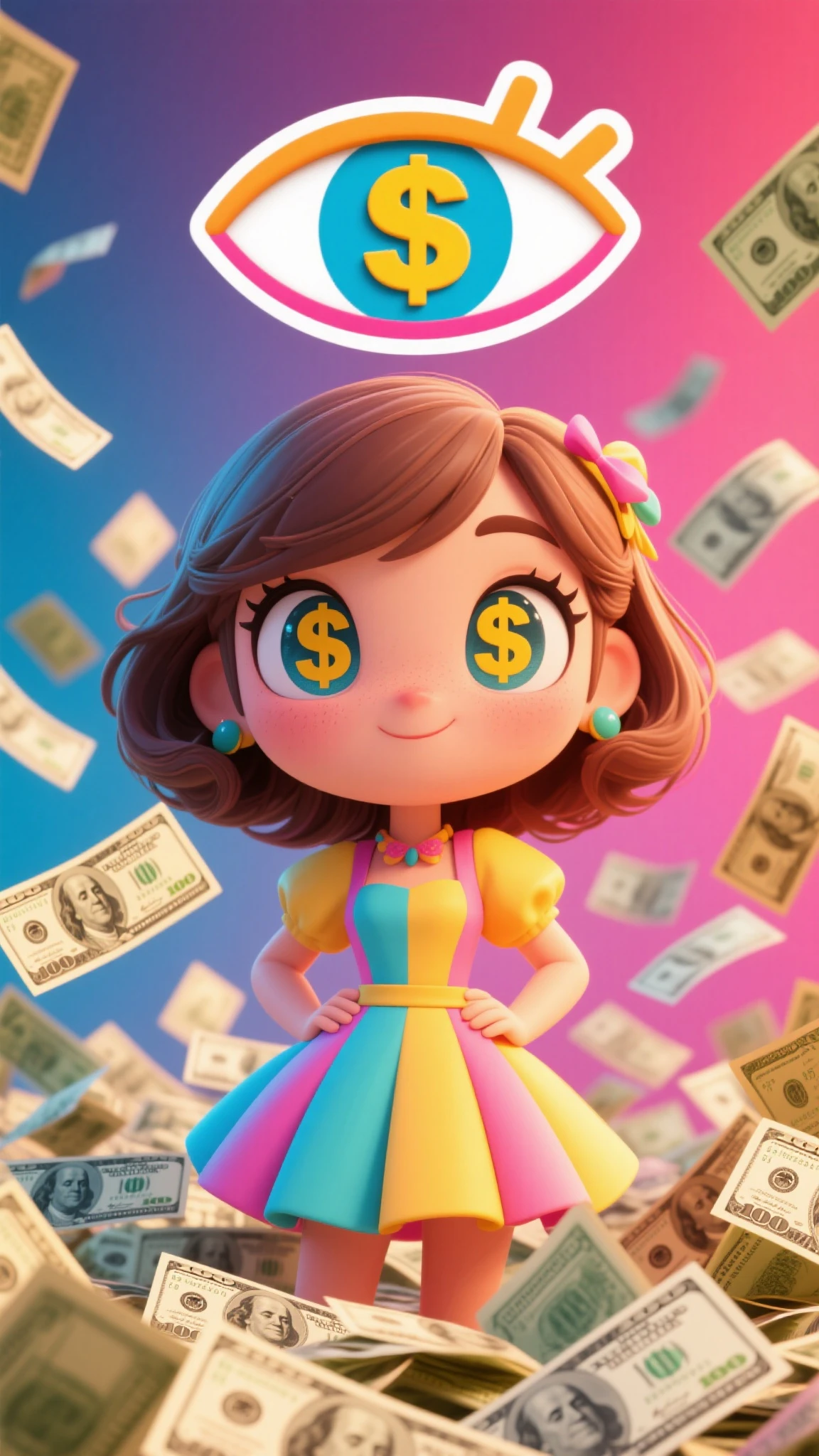 Beautiful and cute female idol,Illustration of a female idol with dollar signs for eyes, Logo with dollar sign in eye, A large amount of dollar bills in front of me