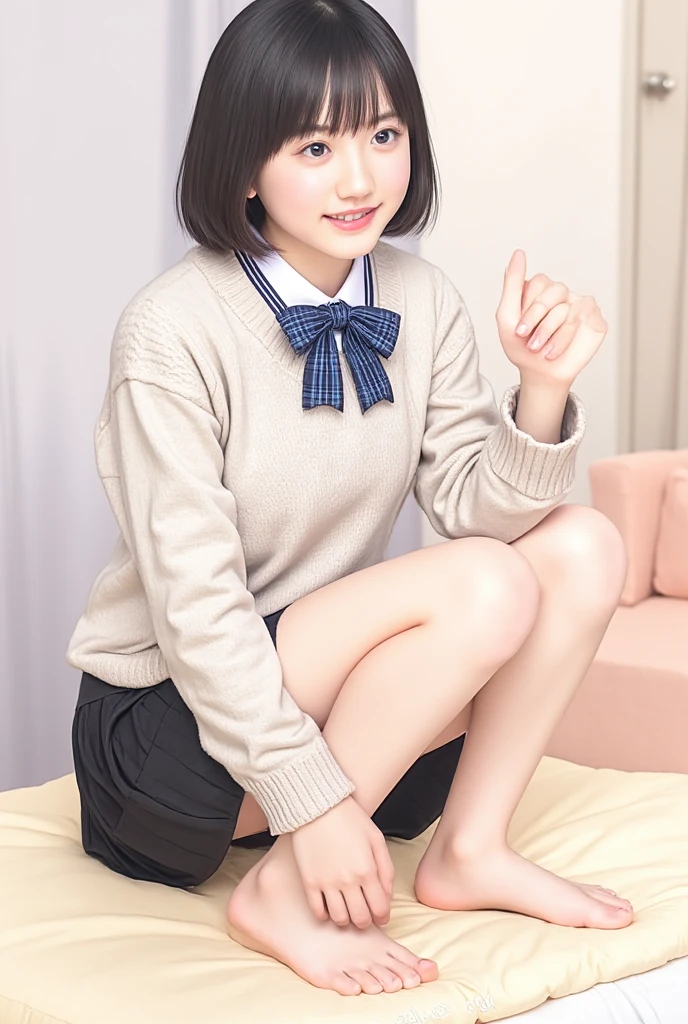 perfect Ratio Face, Balanced eyes, double eyelid,japanese girl,12yr,round face, Beautiful nasal muscles lipgloss,Balanced style,shorthair with bangs,smile,uniform,panties