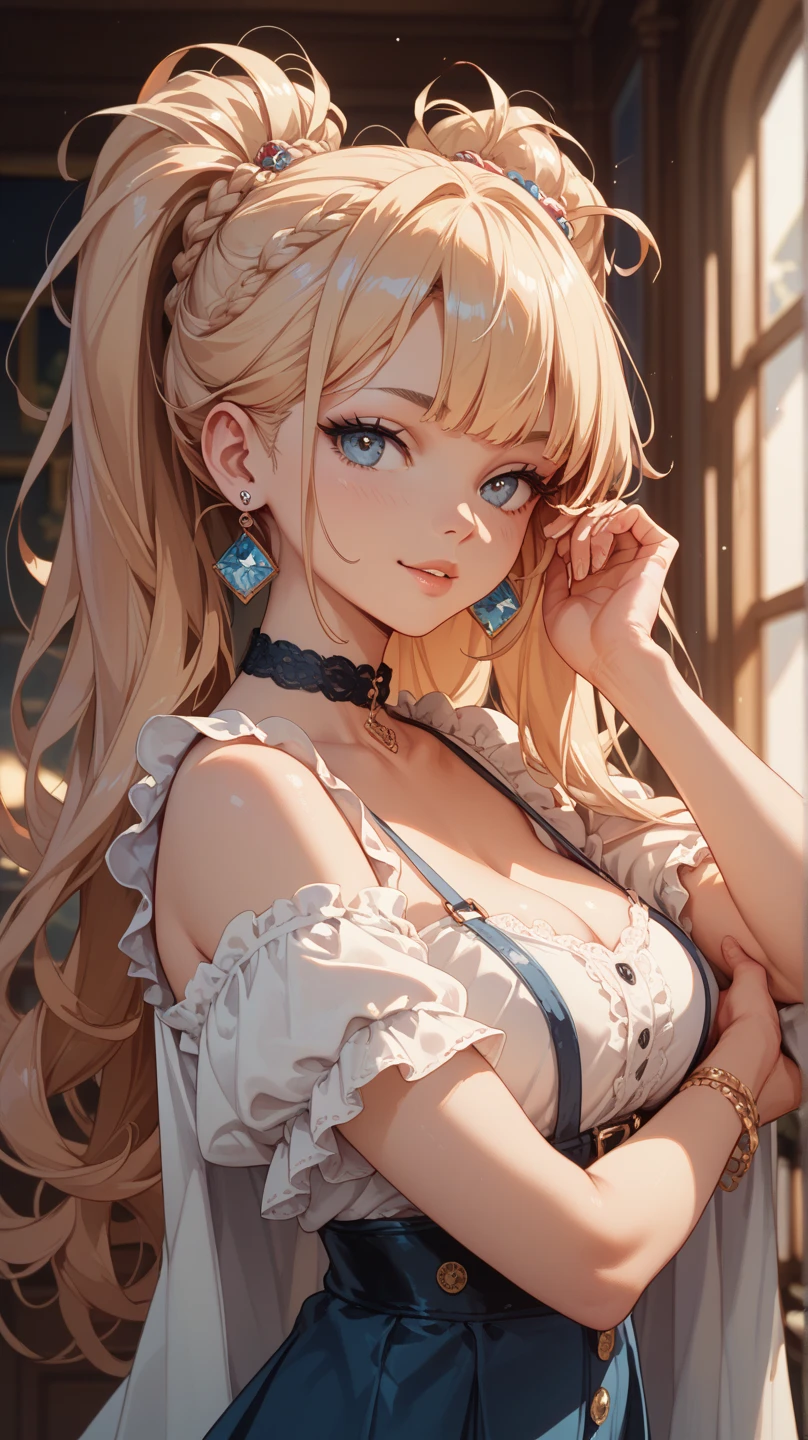 ((Long blonde hair:1.8, Curly hair on the outside, Bangs that hide one eye:2.0)), (Glowing purple eyes)beautiful, beautiful woman, Perfect Anatomy, Perfect body, Perfect breasts, ((White clothes, corset, choker:1.6)), forest:1.6, Captivating Gaze, smile, realism, masterpiece, Rough skin , Very detailed, High detail, high quality, 最high quality, 1080P, 16K、(Brush your hair up:1.6)