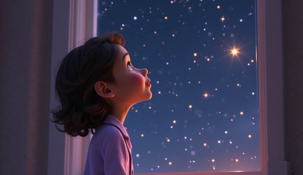 A birthday girl, looking up at the sky with a hopeful look, making a wish upon seeing a shooting star.cartoon, pixar style.