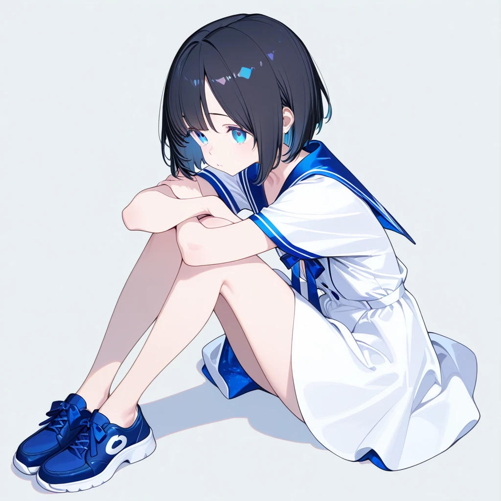 a girl sitting on the ground,His face was full of sadness,Wearing a floral dress,White long skirt,Blue sneakers