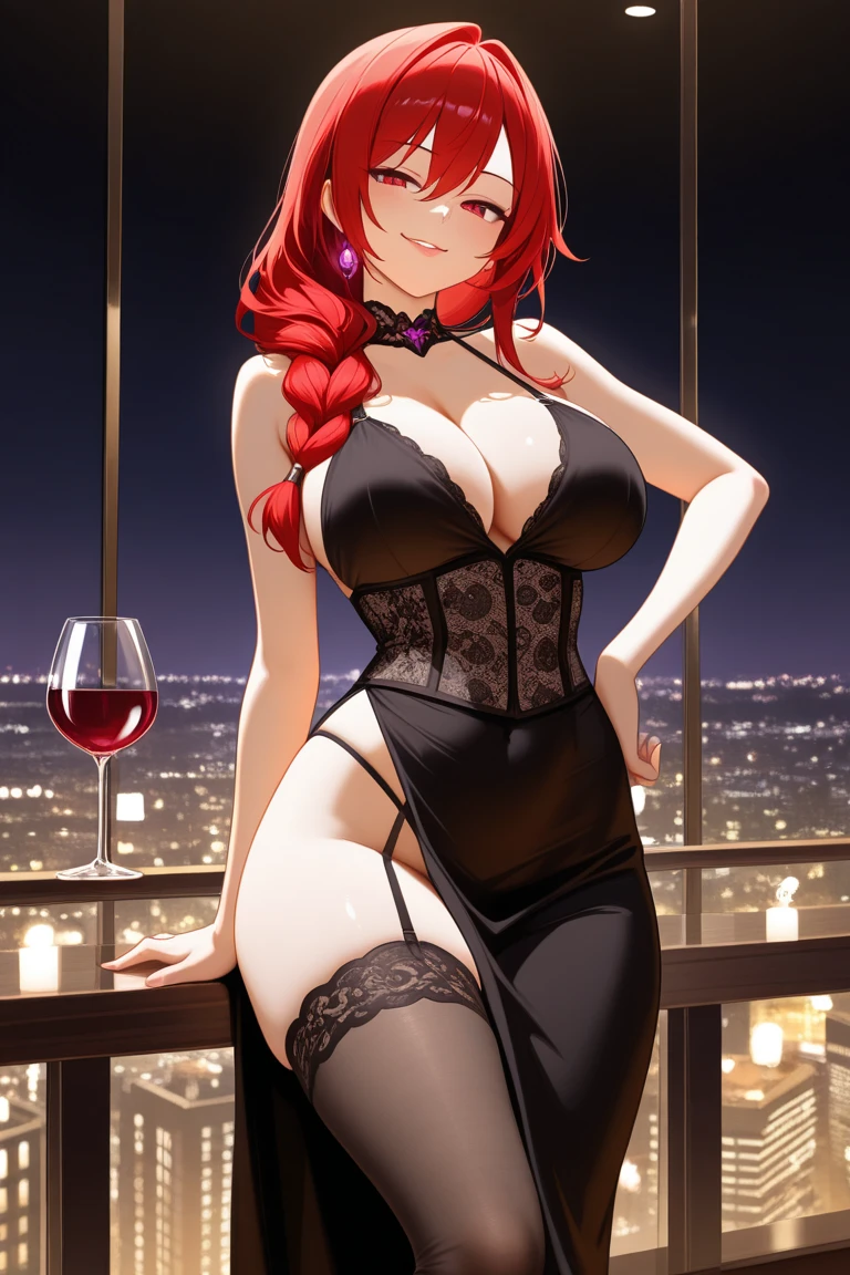(((​masterpiece))), ((high resolution)), detail, red-haired girl, hypdertailed, greeneyes, breasts big, (((thick-thighs))), choker, bunny costume, night club, sitting at a table, Wide open legs, crotch focus