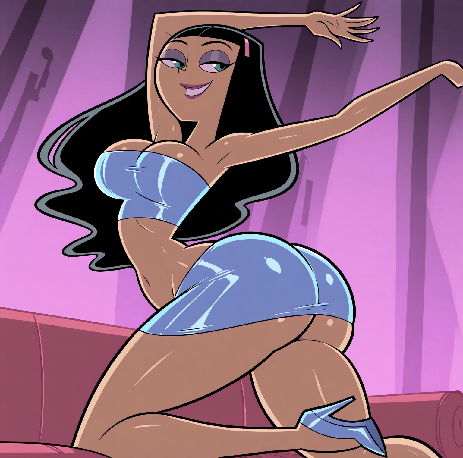 Beautiful, masterpiece, Best quality, very detailed face, moonlight, 2 girls, kiss, perfect body, seductive, pomade, I look at the viewer, wide hips, Medium breasts, black hair with white lines,Long flowing hair, lip shape:ruby, (Body shape:Scales), see-through peignoir,Black peignoir, girl horny, full length, lying on the side, Sexy, Bedroom, Naked