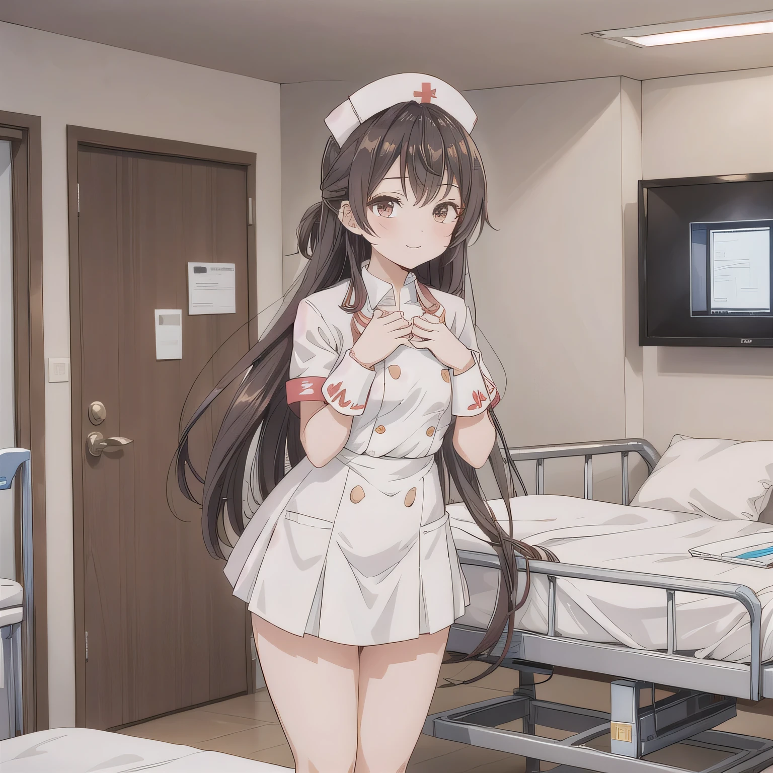 A breathtakingly beautiful 20-year-old woman stands in a warmly lit hospital room, dressed in a white mini-skirt nurse uniform with a matching cap. Her shy smile adds a touch of charm, while the surrounding medical equipment and furnishings create an authentic yet welcoming atmosphere. Long hair, dark hair, brown eyes.