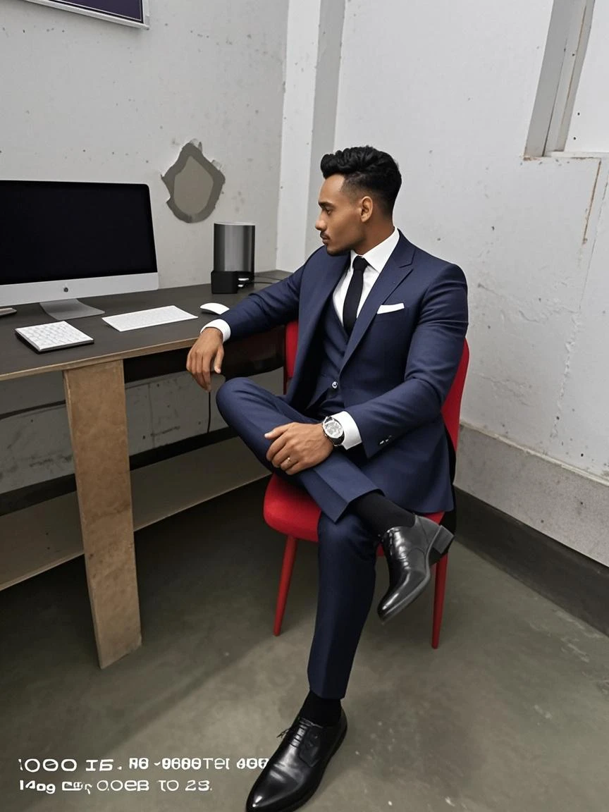 Make a phone wallpaper where a young Indian male sitting on a office chair wearing black suit pant shoes