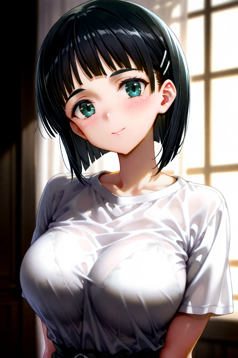 (masterpiece), (best quality), (ultra-detailed), very aesthetic, illustration, perfect composition, intricate details, absurdres, detailed face, (intricate:2),1girl, (kirigaya suguha, sword art online, green eyes, short hair, black hair, medium breasts), nipple,perfect face, 4k, extremely detailed anime illustration,, enhanced details,cowboy shot,perfect anatomy,smooth skin, (gray background), cristal clear eyes, beautiful face,(anime style:0.8), (highres),