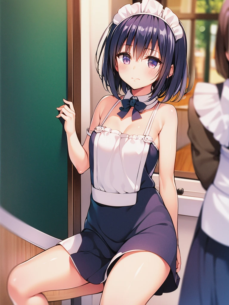 Young girl with blue hair,short straight hair and short bangs (purple eyes),, ((small bushy eyebrows)), wearing gothic lolita clothing, lolicon , large breast, breasts out of blouse, walking to school, bored look, bored face, , suddenly having sex in public, ((doggy style sex)), ((public sex in a restaurant)) naked ass in the male crotch, perfect anatomy, young boy fucking her