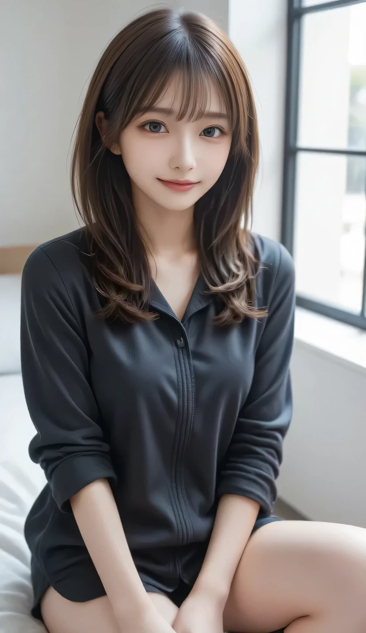 (Thin Legs : 1.3), (leather jacket : 1.4), (seated : 1.5), (crosses the foot : 1.5), Feminine black hair , ( Delicate and Realistic Hair, 1 1 Realistic Hair), Bang, natural colored lips, Smile, ((white Indoor)), Indoor, ( 18 year old woman : 1. 2), young and cute Japanese face, official art, High Definition CG Unity 8k wallpaper, (masterpiece: 1.0) , ( top quality: 1. 0), ( top quality: 1. 0), Ultra High Definition ,4K, Highly detailed, Brazilian half photo,8k, NFSDW , High Definition , KODAK PORTRAIT 400, film grain , Lens Flare glow, top quality,8k, NFSDW :1. 2), as a portrait,8k, reveal 1 showviewer , ((masterpiece)), (( top quality)), ( super detailed), ((cute)), (Nice), (( Sexy)), (( Highly detailedな)), (Clothing details), 4K, (8k), ( beautiful ), Illustration, beautiful Japanese woman, (( 1 female)), beautiful black hair, ( long hair:1.2), (( beautiful eyes)), Lens Flare , (((front view))), ((facing))、(Bold Cleavage : 1.3)