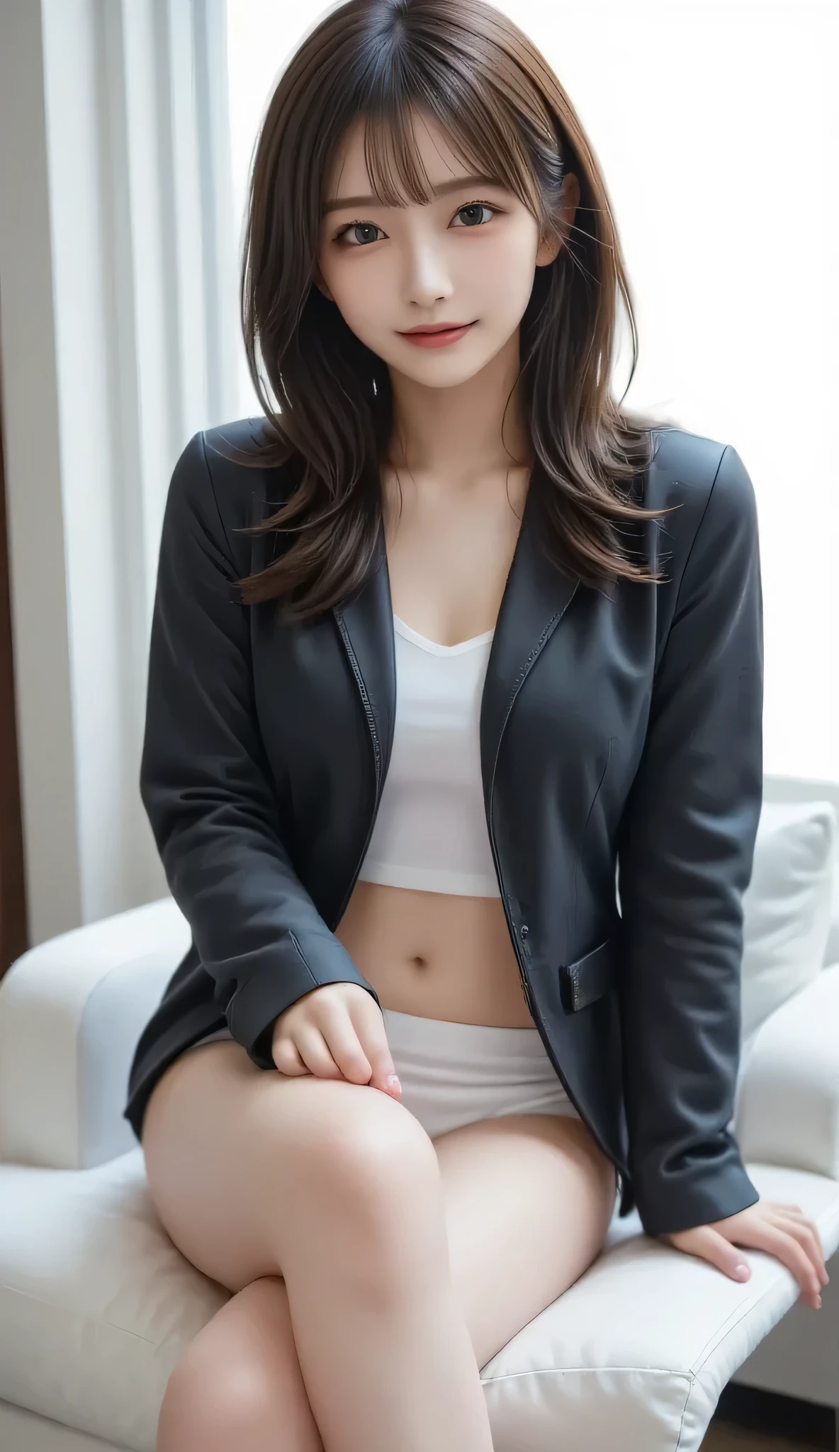 ((Highest quality)),((最high resolution)),((high resolution)),((detailed)),((High definition)),((8K)),((Perfect body)),((Perfect Face)),((Realistic)),((Real)),((Realistic)),((Beauty)),((Shiny Hair)),((Glowing Skin)),((Very white skin)),((Jet Black Hair)),((japanese ,blazer)),((spread legs)),((sitting with knees up on bed)),((showing panties:)),((Arms behind back to support the body)),Long Hair、Embarrassed look、