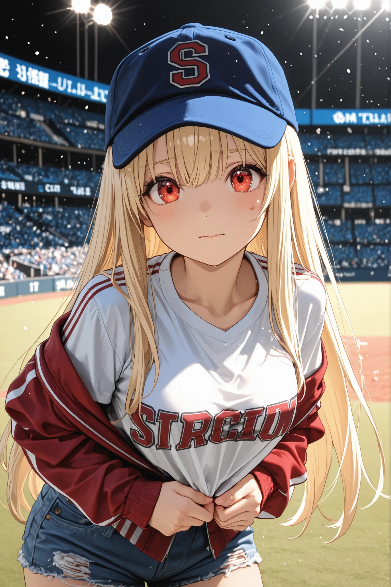 (((Best quality, 8k, Masterpiece: 1.3)), ((best quality)), ((masterpiece)), (detailed), perfect face, detailed face. detailed eyes, ray tracing, sparkle, high resolution, Textured skin, Baseball cap, stadium jacket, white T-shirt, denim short pants, Blonde long hair, Baseball fan woman, Baseball stadium, Her left hand was in the pocket of her stadium jacket. Her right hand is pinching the brim of her baseball cap