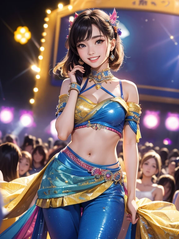 (Highest quality、 8k 、masterpiece、High resolution)、Full Body Shot、15 year old girl、Idol、Cute smile、Pretty lips、Adorable eyes、Dancing with a smile、Outdoor Stage、AKB48 Costumes、Realistic、Vibrant colors、Official Art、Detailed CG、Professional Lighting、Professional photographer、