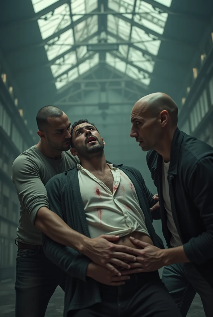 green eyed man, with a black leather jacket and a Nazi swastika armband, He has a young man on the floor naked ,And next to him is another bald man without a shirt. The three are in a dark basement