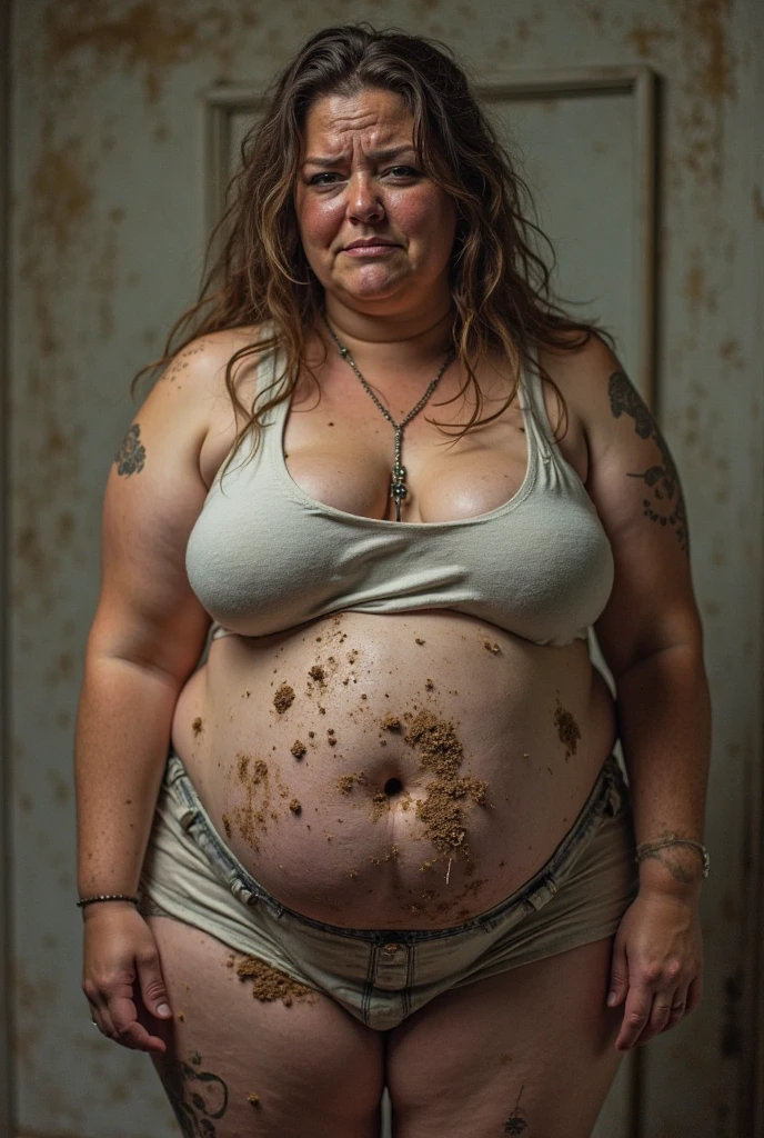 Nude women, 30 years old, trailer trash, massive fat belly, full body, Standing, in the trailer park