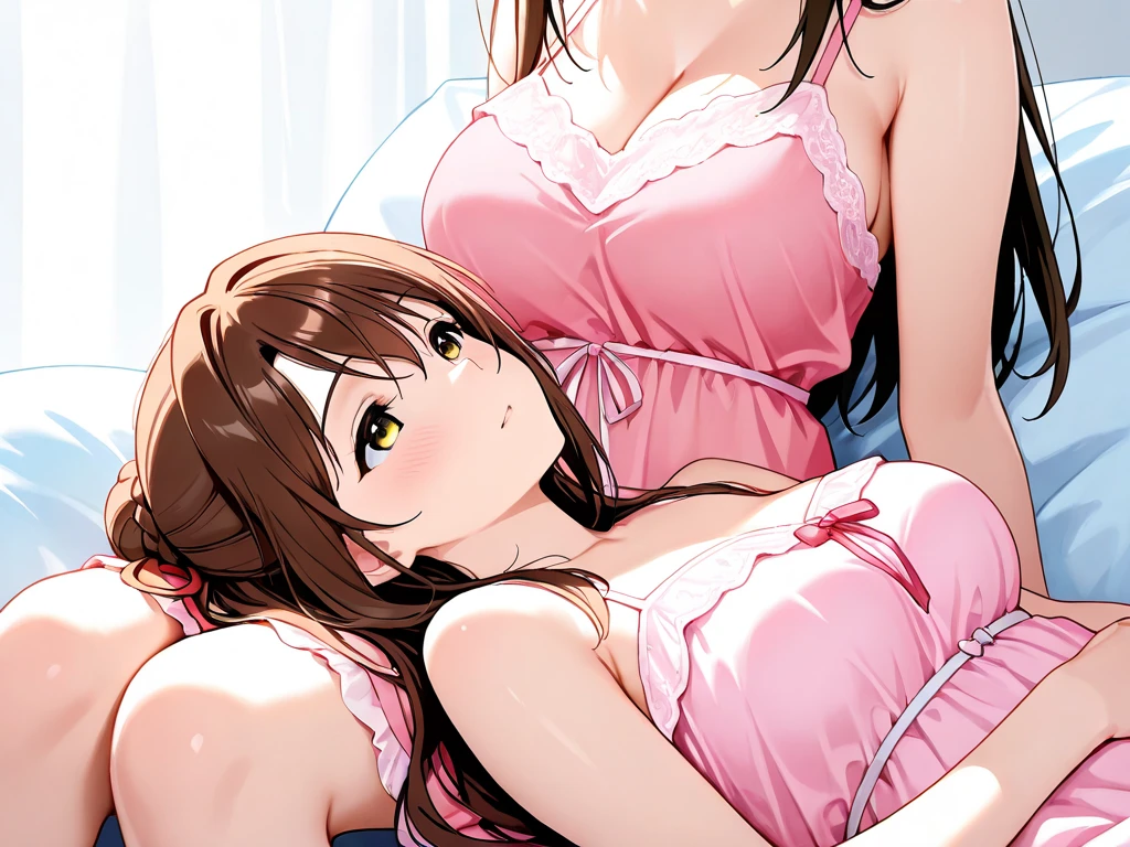 highest quality、High resolution、High definition、Beautiful teenage girl、three women、cute hairstyle,perfect skin,(huge breasts:1.4)、Look at me happily、smiling、laughing、sexual expression、slumber party、友人たちとのslumber partyでは、Soft pajamas and cute bedding、You can enjoy cute items。chatting and games、While enjoying sweets、Show off your feminine cuteness。emphasize cleavage