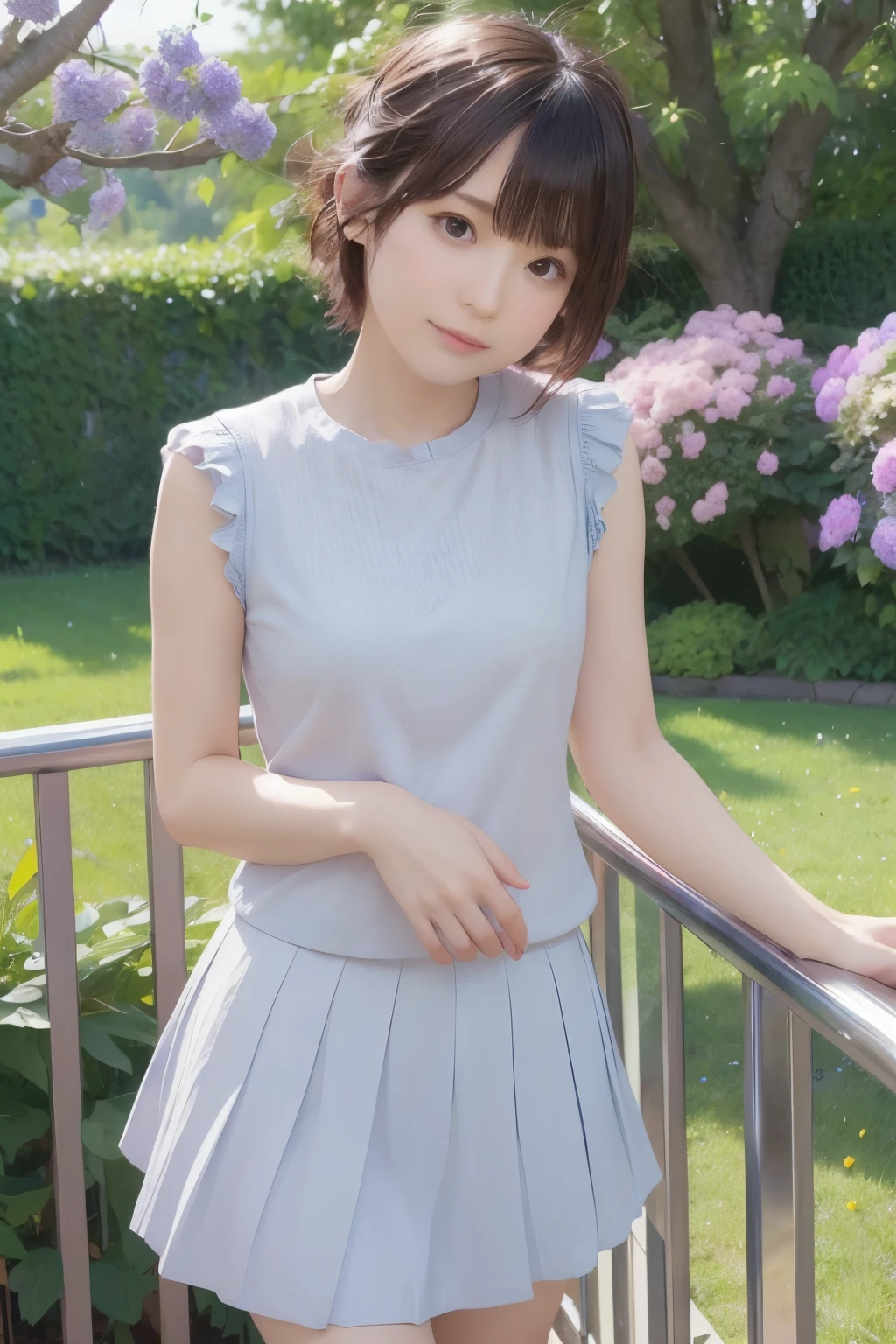 Realistic, Best Quality, Photorealistic, Masterpiece, 8K, High Definition, Solo,1 Female, 25 Years Old, ((((Female)))), Very Detailed Face, (Skin Spots:1.2), (Skin Dentation), Black Eyes, ((View Viewer:1)), (Look at Camera), (Portrait: 0.6), (Patun Dress), (Cleavage)))), Sit and stretch, Thighs, ((Big breasts: 5.0 )), (plump body), (short hair), brown hair, floating hair, braided hair, hair ornament, lips, lipstick, eyelashes, moles, (moles under the eyes: 1), seductive smile, open_mouth, teeth, fashionable and trendy atmosphere, (professional lighting, bokeh), (light particles, lens flares, glowing particles: 0.6), (dynamic pose: 1.3), soft lighting, garden, (( Daytime)), sky,