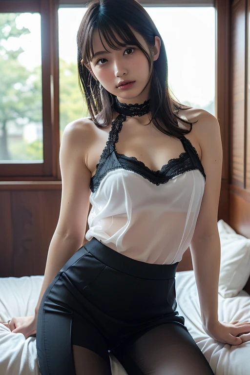 Innocent Girl、Small、A smile、sitting gracefully、(Wearing a long dress with a flared skirt)、Shoulder out、鎖骨、(Wearing stockings)、Short Layer Hair、Raw photo, (8K、top-quality、masterpiece:1.2)、(intricate detailes:1.4)、(Photorealsitic:1.4)、octane renderings、Complex 3D rendering ultra detail, Studio Soft Light, Rim Lights, vibrant detail, super detailing, realistic skin textures, Detail Face, Beautiful detail eyes, Very detailed CG Unity 16k wallpaper, make - up, (detailedbackground:1.2), shinny skin、turned around、Exposed thighs!!!、