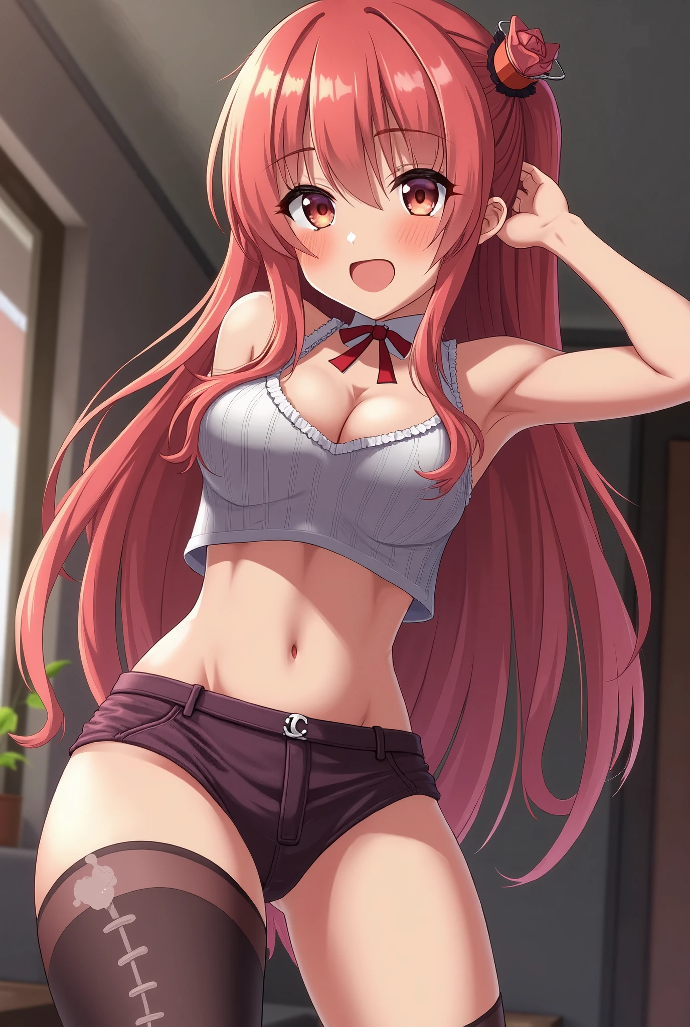 highest quality, masterpiece, High resolution, alone, {Jiang Feng Kai Er_Fleet Collection:1.15}, length_hair, red_hair, ribbon, hairband, hair_ribbon, 前hair, Ahoge, twin tails, side lock, low_twin tails, asymmetrical_前hair, very_長いhair, smile, green_eye, classroom background, hair_flap, 1 girl, (panties),(bra), lace underwear