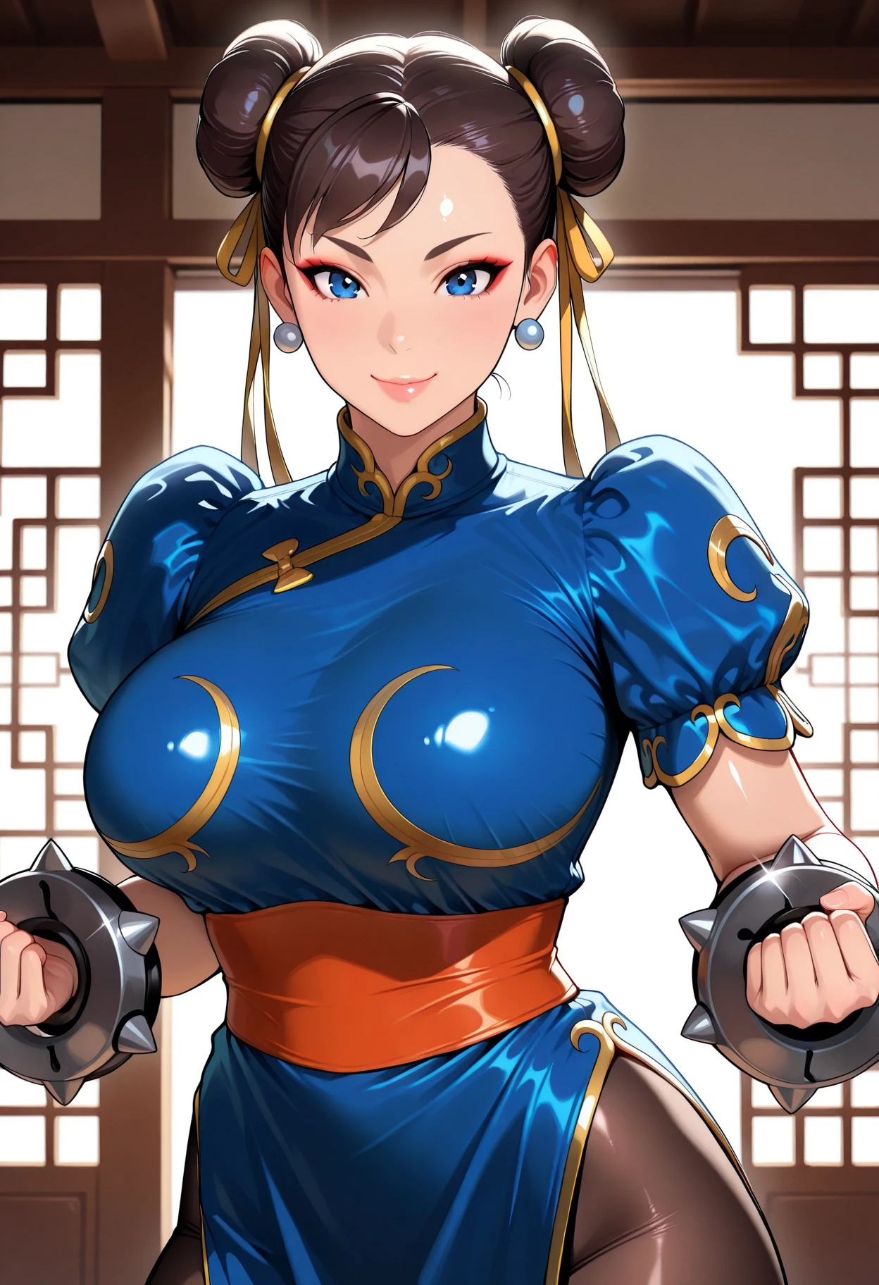 score_9, score_8_up, score_7_up, score_6_up, score_5_up, score_4_up, solo, Chun-Li from street fighter, ((thicc mature mom)), black hair, squinting eyes, big thick full lips, ((pouted lips)), ((full body)), ((NSFW)), sexy, seductive, alluring, cute, intimate expression, pleasant smile, (((gigantic breasts))), sagging breasts, big nipples, wide hips, thick thighs, huge ass, breasts focus, (((two Pov hands groping breasts firmly))), (((from pov))), (close up), looking at viewer, ((upper body)), hands behind back