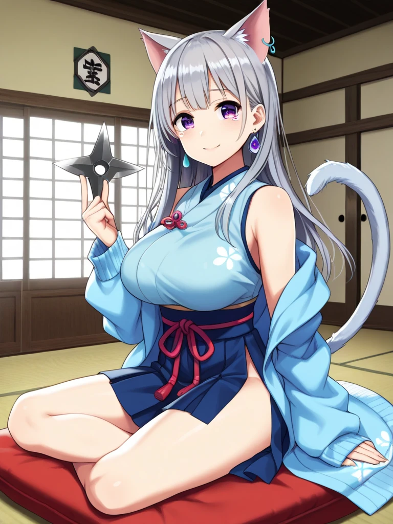 Super detailed,Azur Lane,Shinano,Silver Hair,Big Breasts,Silver fox ears,A blue kimono with the chest open,sexy,Japanese-style room,night,Crescent Moon,Sit with your legs crossed on the tatami,White skin,Show your chest