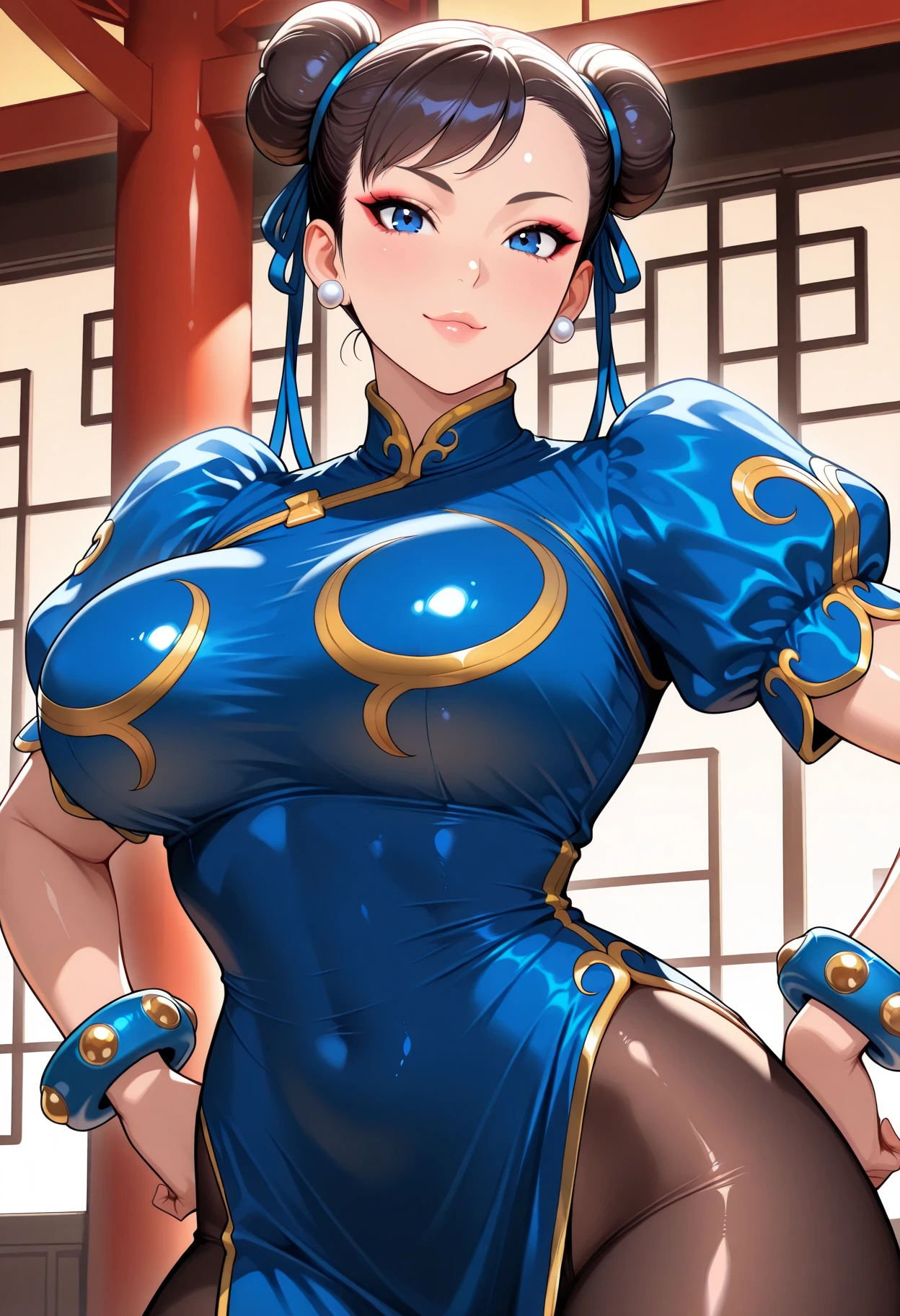 masterpiece,Highest quality, Unreal Engine, Super Resolution, Very detailed,
1 Girl, Waist, thin, (Muscular:0.8)
Round Breasts, Big Breasts, bold, Lips parted, Observe the audience,
Are standing, sexy pose
Waist shot,
Simple background anime style, Key Visual,
Hair Bun, Blue Chinese clothing, Chunli, Street Fighter,Sticky with sweat,Clothes are also wet,