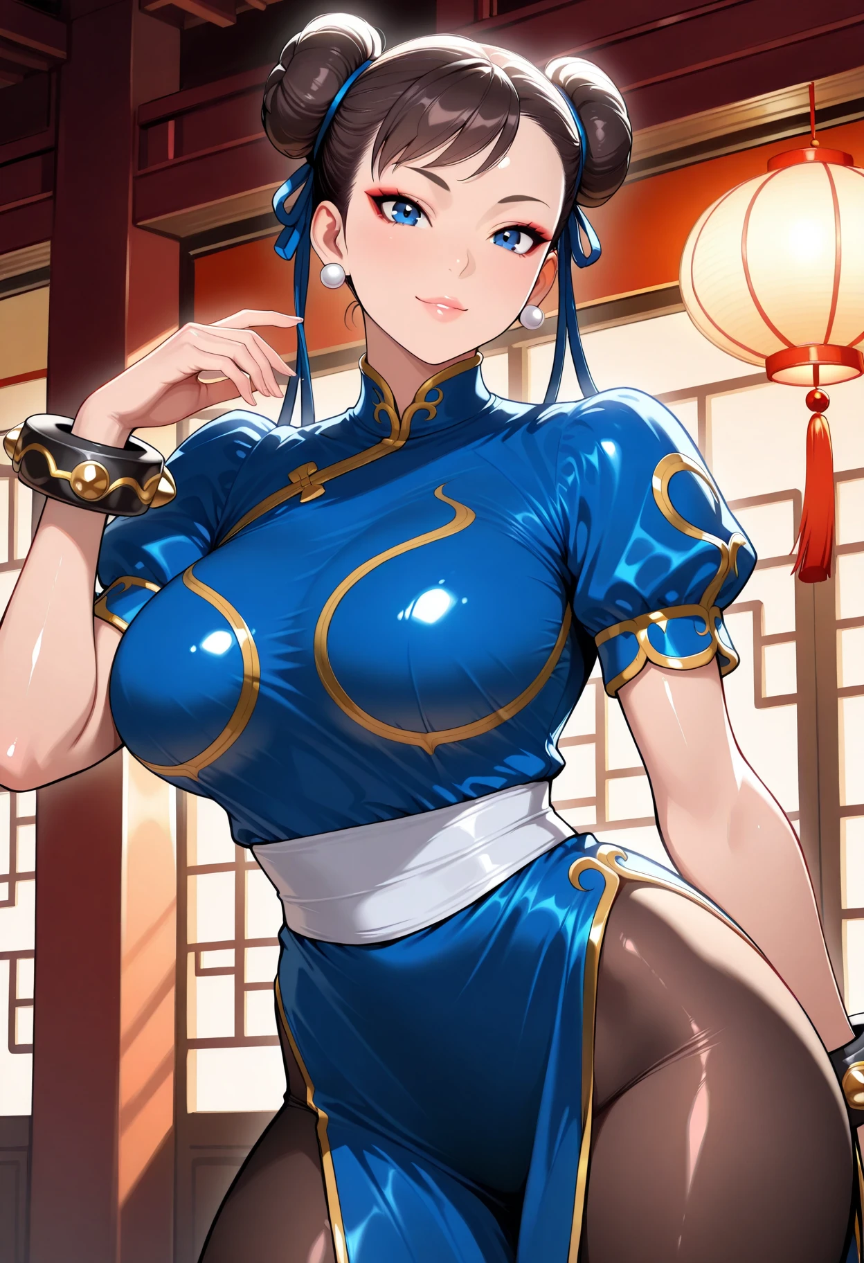 Chun-li, from street fighter,(big breast:1.5),dynamic poses, totally wide open her chest,big chest,super perfect body curve, hair ribbons, twin hair buns, S-shaped body,anime waifu (18 years old)-hot daddy-frivolity-body language, fit figure, bad laughing,gorgeous perfect face, realistic style and super detailed renderings, superrealism,kawaii, zbrush, super-realistic oil, contour shadow-process - (Waiting to start)