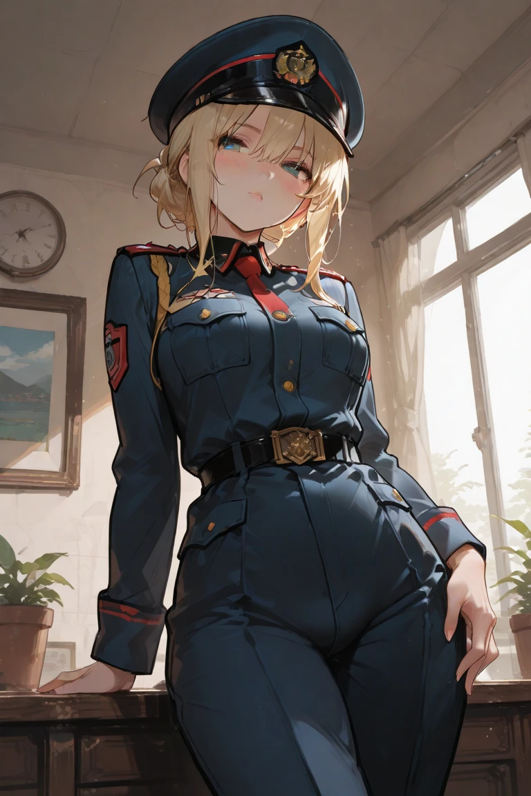 masterpiece, Highest quality, One girl, Are standing, alone, Big Breasts, Narrow waist, thick thighs black army uniform, Epaulettes, thigh boots, army uniform, army, uniform, belt, Shorts, boots, Earrings, jewelry, gloves, Knee socks, long, straight blonde hair, blue eyes, Wall Don POV, 邪悪なsmile, smile, Evil Face,, Mischievous face
