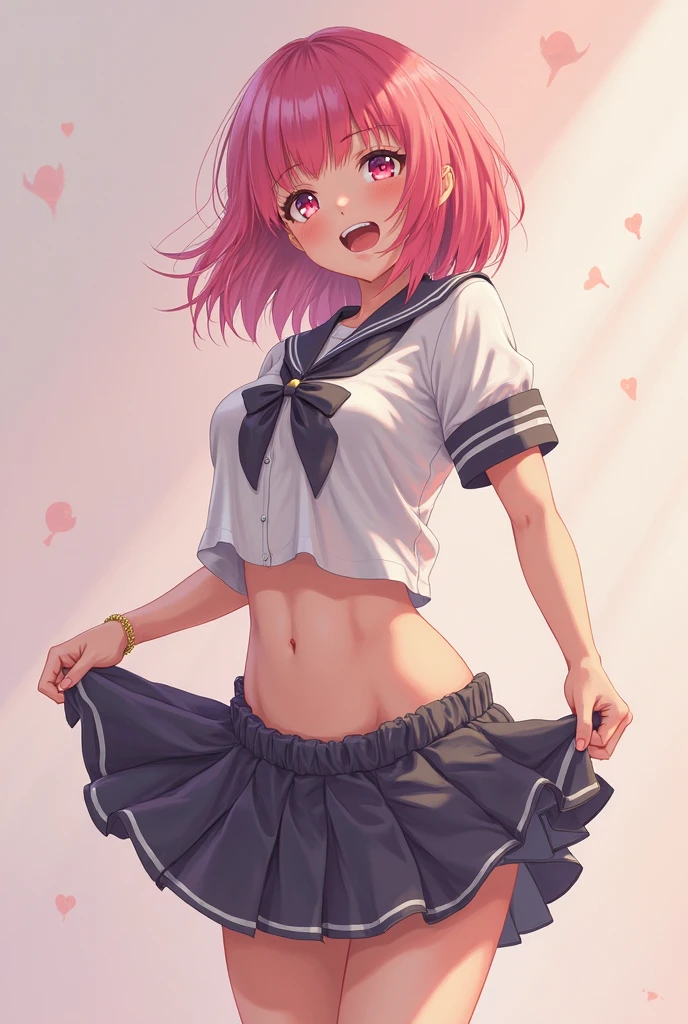femboy with pink hair, blue eyes and open mouth, tongue out on  clothes, white crop top and red bow, with lift blue skirt, full body