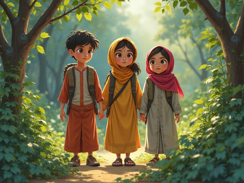 Children Playing: A scene of the Prophet Muhammad ﷺ at the age of four, playing with a group of children in an open, green area. The children are dressed in traditional Arabian clothing in a rural setting.