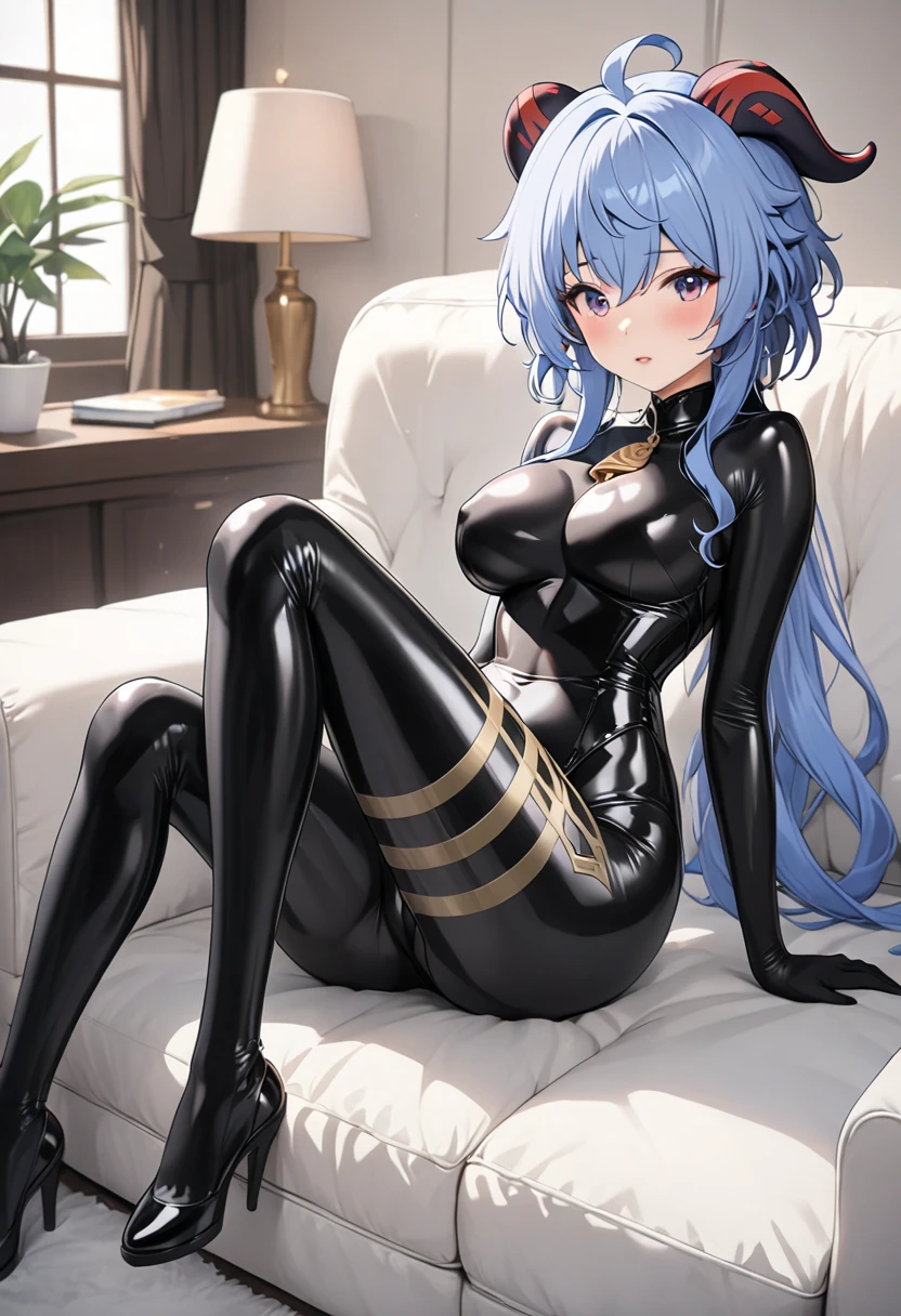 dark blue hair,,long hair,purple eyes,pointy ears,elf,tall,black tight body suit,bondage,tied up,bound,tied wrist,tied legs,((blindfold)),blush,wet,sweat,rope.collar,leash,on the bed