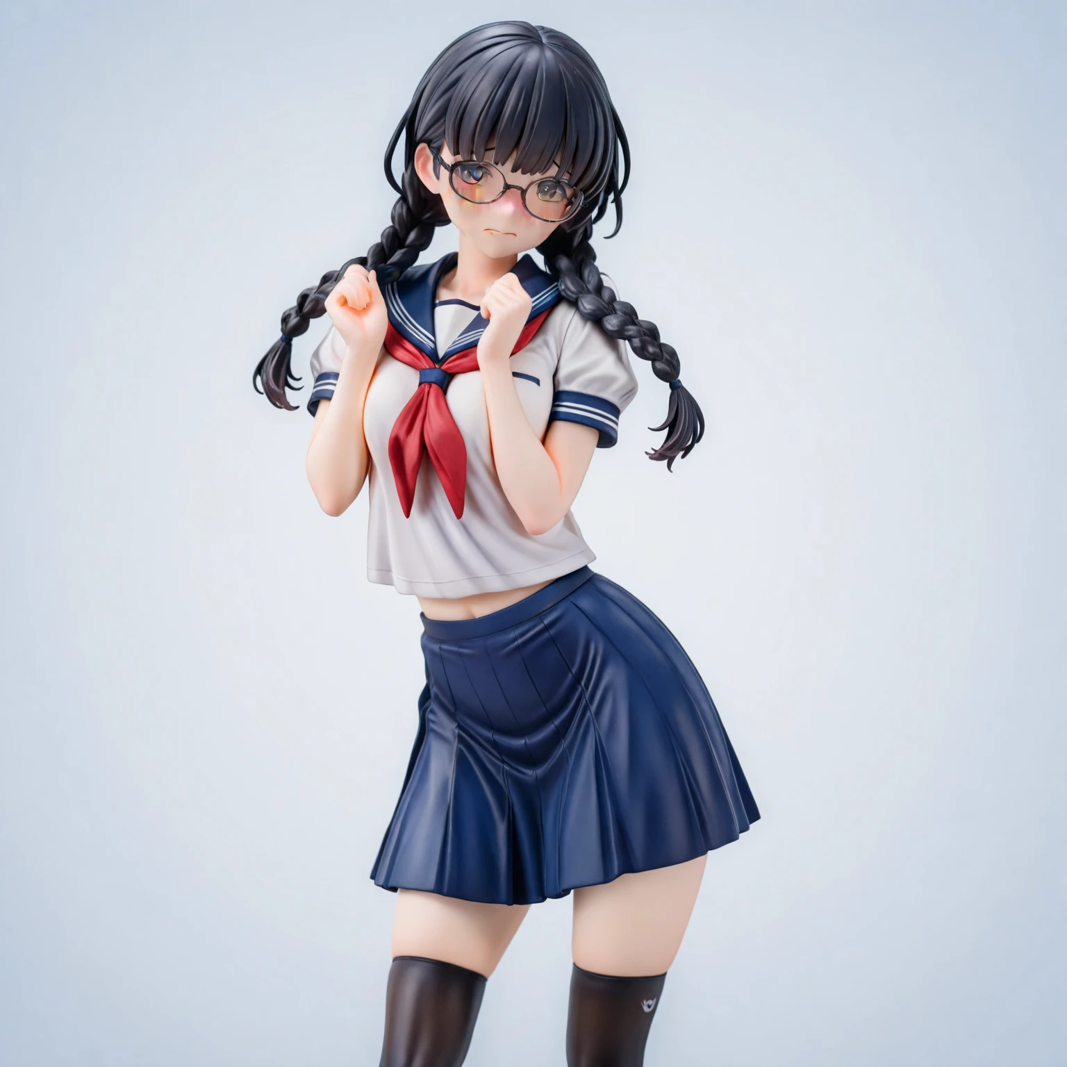 <lora:xl_figure style(kohaku_Delta)4-000005:1>,figure style,photorealistic,photo,1girl, solo, glasses, swimsuit, black hair, one-piece swimsuit, school uniform, short hair, looking at viewer, serafuku, clothes lift, short sleeves, shirt lift, parted lips, sailor collar, small breasts, swimsuit under clothes, neckerchief, cowboy shot, covered navel, breasts, shirt, lifted by self, blue eyes, bangs, gradient, gradient background, grey background, white shirt, pink-framed eyewear, white sailor collar, red neckwear, school swimsuit, semi-rimless eyewear, standing, competition swimsuit, eyebrows visible through hair, blue swimsuit, simple background, red-framed eyewear, black swimsuit, score_9,_up score_8_up,, masterpiece,best quality,
