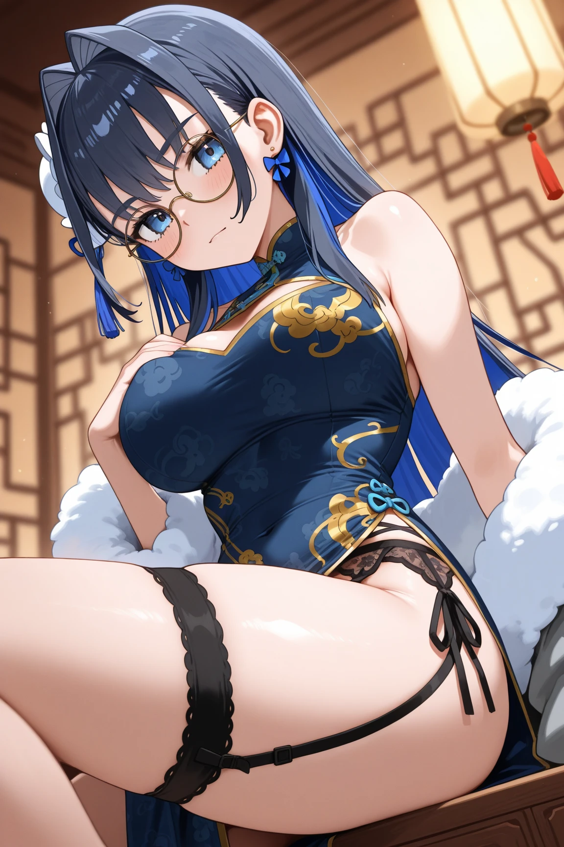 masterpiece, best quality, 1 girl, solo, large breasts, blue chinesedress, gray eyes, bangs, black hair, short twintail hair, nose blush, (panty pull:1.3), standing, (show off pussy:1.3), nipples, nsfw, (Beijing:1.2)