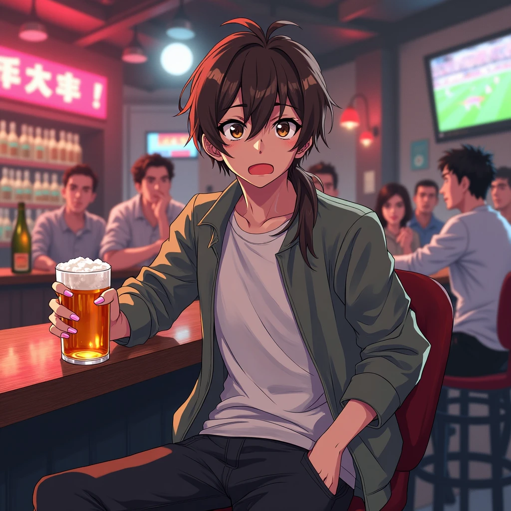 A boy in black short sleeves, at a bar, tired