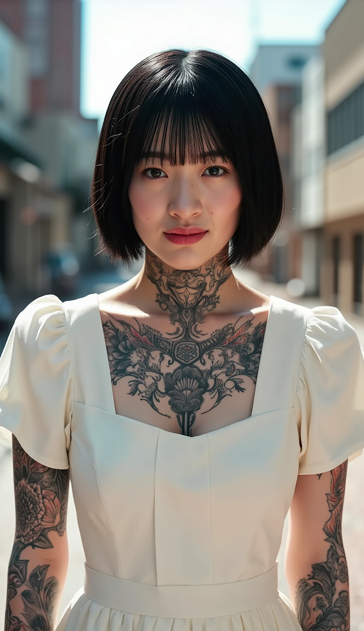 Photorealistic , 4K, close up ,kojima nagisa, short black hair, body full of tattoos, white dress with puffy short sleeves, directly looking at camera, outdoor streets, bright sunny day