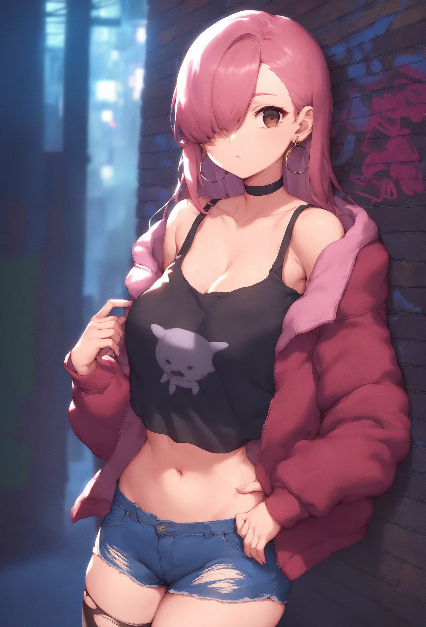 (best quality, ultra-detailed, photorealistic: 1.39), bright and vibrant colors, studio lighting, romantic expression, An effeminate girl, with a delicate and beautiful face. Beautiful and adult woman with her crimson red short hair matches the gothic makeup, her eyes and mischievous smile, with her large seductive breasts, cleavage, black pleated skirt, gray gothic sweatshirt with hood, red eyes. She have a horny face, like a manwha character, chain details,walking in leaning pose on the porch of the house, night, moon, seductive cleavage, manga style, anime features manga style, fully body , she is in love, anime style