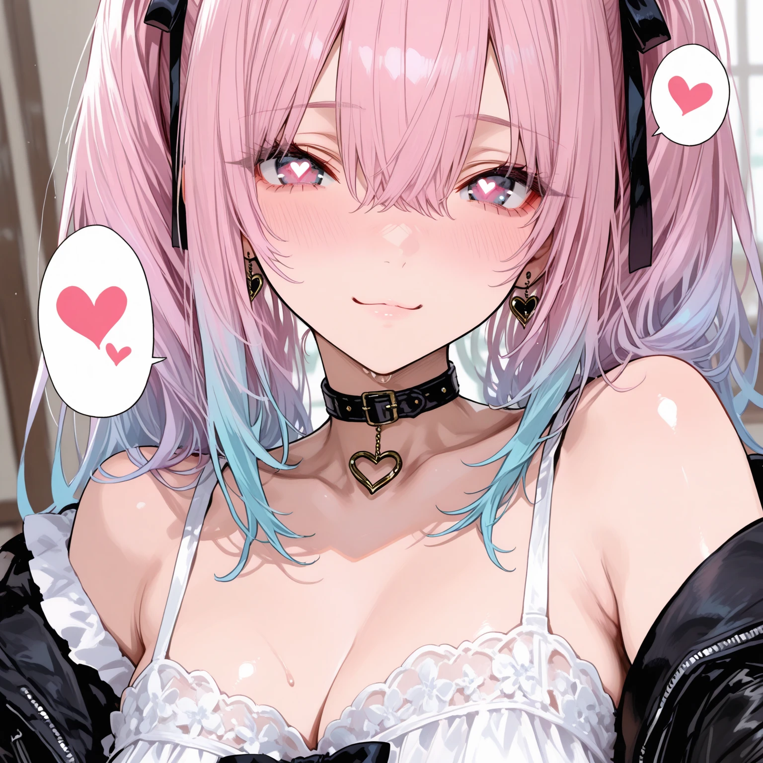 Dark Taste、girl、Pink Hair、Long Hairstyles、Half Twin、Dark yellow eyes、Yellow Eyes、heart、A world full of love、Confinement Play、Blindfold、Yandere、Hands on the face、Sticking out tongue、Red cheeks、cute、Attract