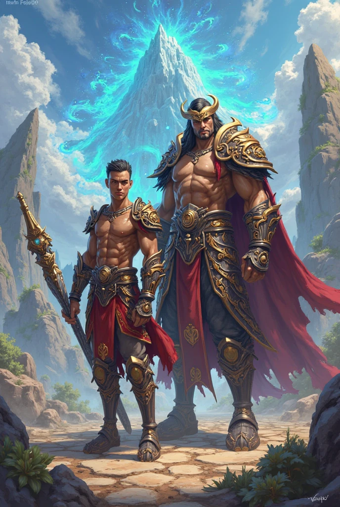 Create an image of Ashara, a skilled warrior from the Dragon Clan. He should be depicted in battle-ready attire with dragon motifs, holding a spear. His expression should be determined and focused. The background can show a training field surrounded by mountains and trees, highlighting his role as a formidable fighter."
