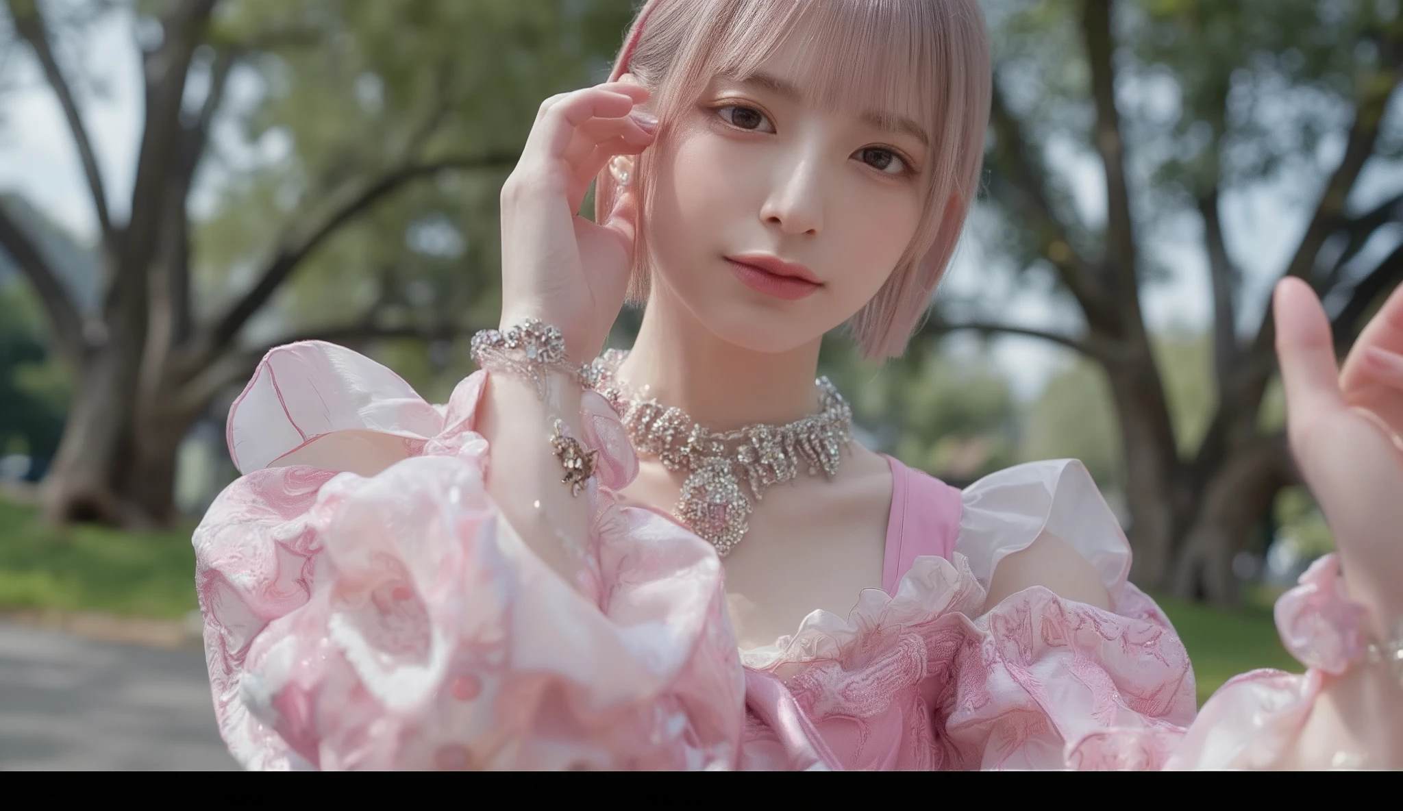 (8k high quality), (2d high quality), (high anime quality), (6 yrs old beautiful young girl), (beautiful face), (beautiful model), (shining short pink hair), (galaxy blue eyes, almond shape eyes), (shining smooth skin), (prominent nose), (rounded jawline), (beautiful thin eyebrow), (beautiful wristwatch), (beautiful silver necklace with heart pendant), (beautiful white school uniform)