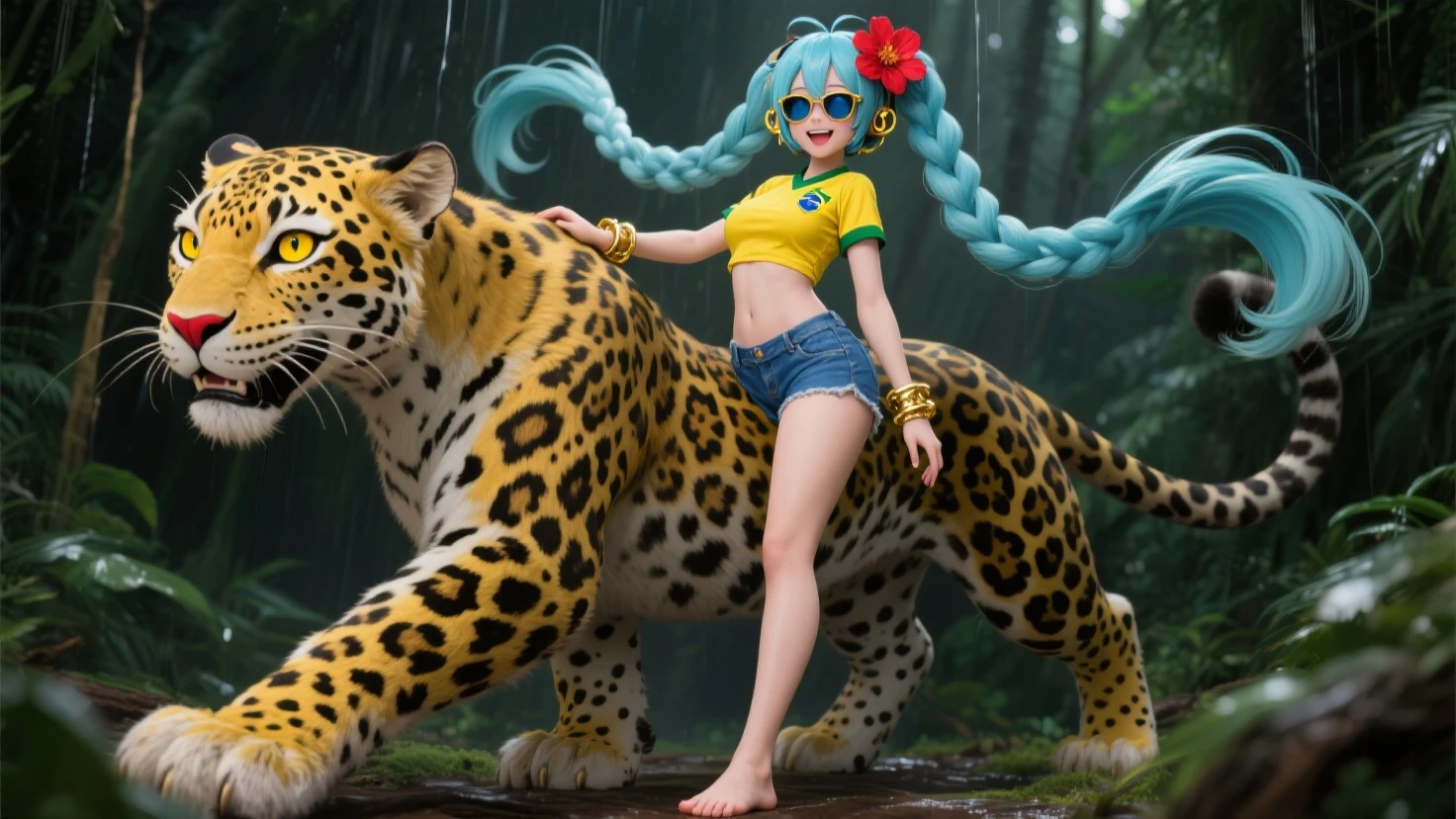 Cute little character in bright 3d with front, Tiger, Cute little girl s, banana in, long purple hair, white lingerie, sweetie, pigtails, scared