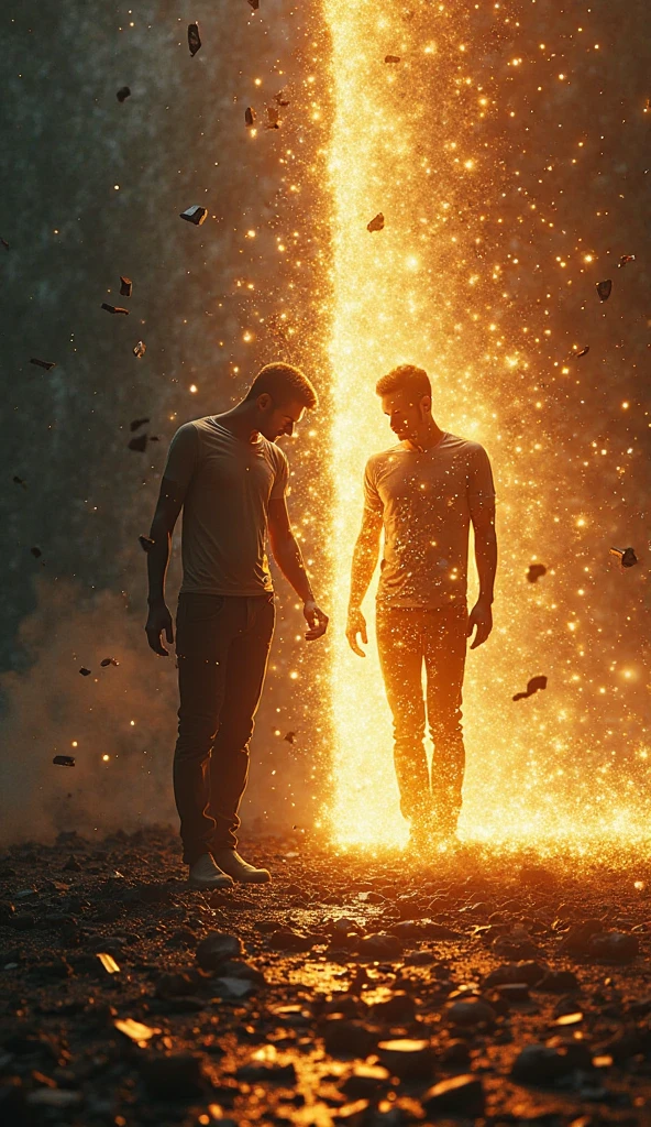 Create a picture of two men who are completely covered in flames one boy has dark brown hair is 1 and wears black glasses the other is and has brown hair and no glasses they should look german and wear casual clothes
