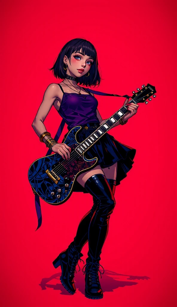full body, walking pose, slow motion, a woman rocking a guitar, gothic sundress, (detail fabric clothing ), heavy metal and leather guitar stitched, hair, short hair with tick bangs, detail face, ((highly detailed skin, visible pores, Short hair with necklace detail jewellery)), tone body, large breasts, (insanely detailed, bloom:1.5), (highest quality, Alessandro Casagrande, Greg Rutkowski, Sally Mann, concept art, 4k), (analog:1.2), (high sharpness), (detailed pupils:1.1), (painting:1.1), (digital painting:1.1), detailed face and eyes, Masterpiece, best quality, (gothic makeup, eyes shadow and smirking smile, sexy, skinny, thick bangs, beauty), (highly detailed photo:1.1), 8k, photorealistic, automatic white balance, mastoid process, invisible hand, HDR, ((detail background, big concert stage, live performance mucis festival, rock band)), By jeremy mann, by sandra chevrier, by maciej kuciara, sharp, (perfect body:1.1), realistic, real shadow, 3d, (by Michelangelo) <lora:3loraGuofeng3Lora_v32LoraBigLight:1> <lora:seeThroughSilhouette_v10:1> <lora:epiNoiseoffset_v2:1.5>