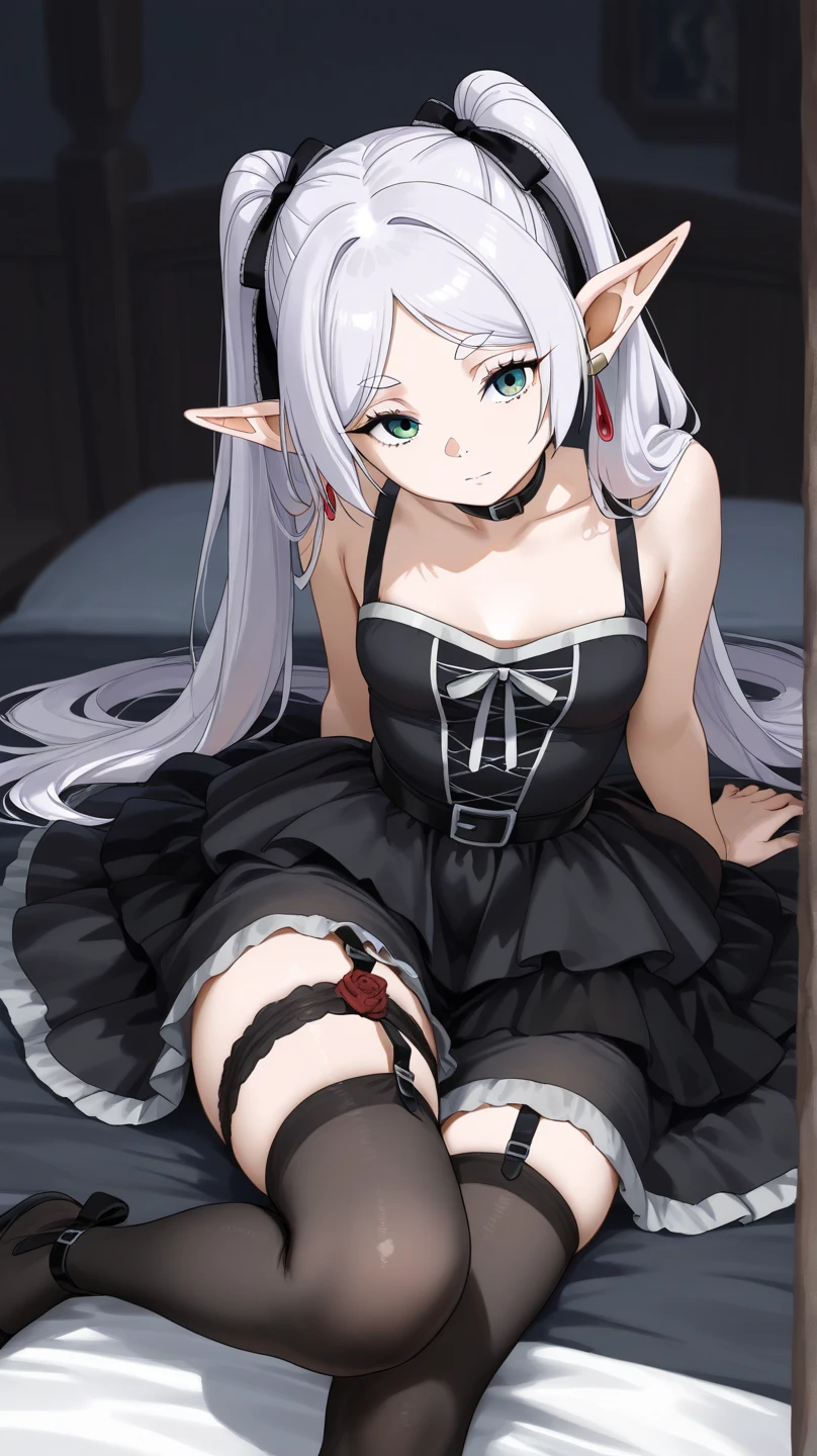 masterpiece,best quality,highres,ultra-detailed,aaloo,long hair,two side up,bangs,hair ribbon,(black hairband:1.2),breasts,(corset top:1.2),(garter belt:1.2),garter straps,choker,thighs,(embarrass:1.2),sitting,squatting,_open_legs,indoors,over-kneehighs,(panties:1.2),