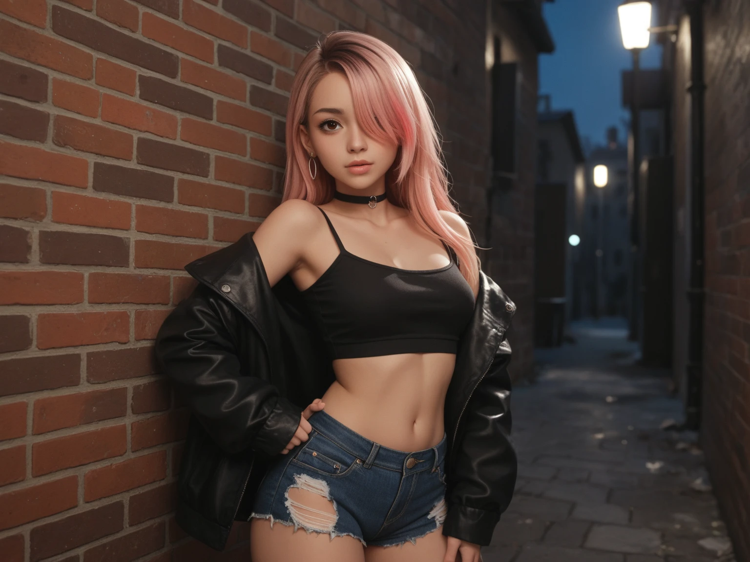 (A 20-year-old girl is perfect for friendship),((((Squat,Open your legs)))),Black thigh boots,High heel,Blue Distressed Denim Shorts,Black jacket,perspective,original photo,Realism:1.6,quality:1.5,8k,masterpiece:1.3,Ultra-high resolution:1.0,Sharp Focus:1.2,(:1.5),Beautiful woman with perfect body,Highly detailed face and skin texture, Delicate eyes,Double eyelids,((Gray eyes:1.3)),Perfect facial balance,Smile,((Pink mid-hair)),beautiful forehead,Beautiful studio with soft light,Edge rays,Vivid details,Surreal,Octane Rendering,Delicate and beautiful skin,Realistic skin,Looking at the audience,(Graffiti Art,Mural Art,Street art:1.2),Sakura Haruno,Headband,